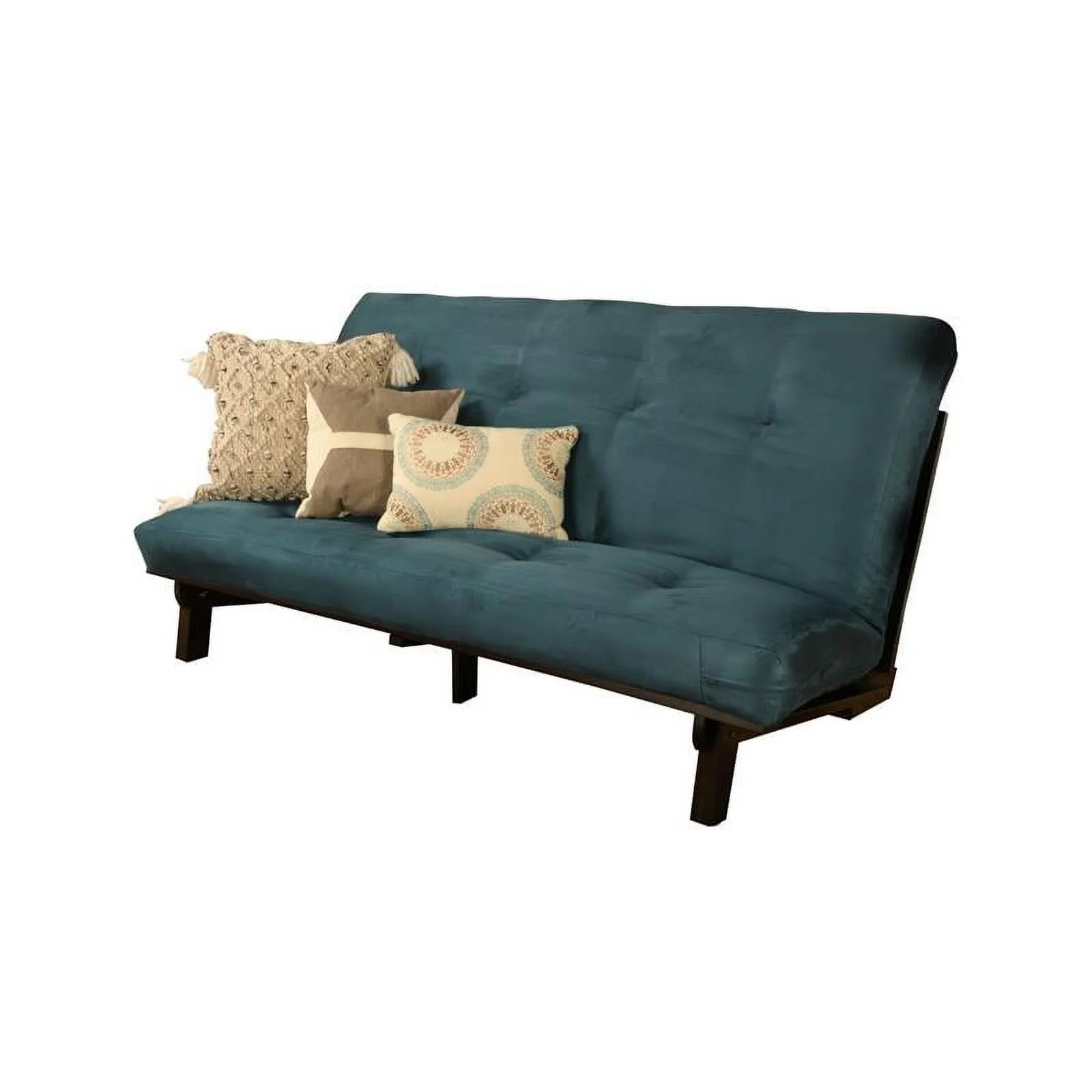 Bowery Hill Wood Futon in Java Brown Finish with Suede Blue Mattress