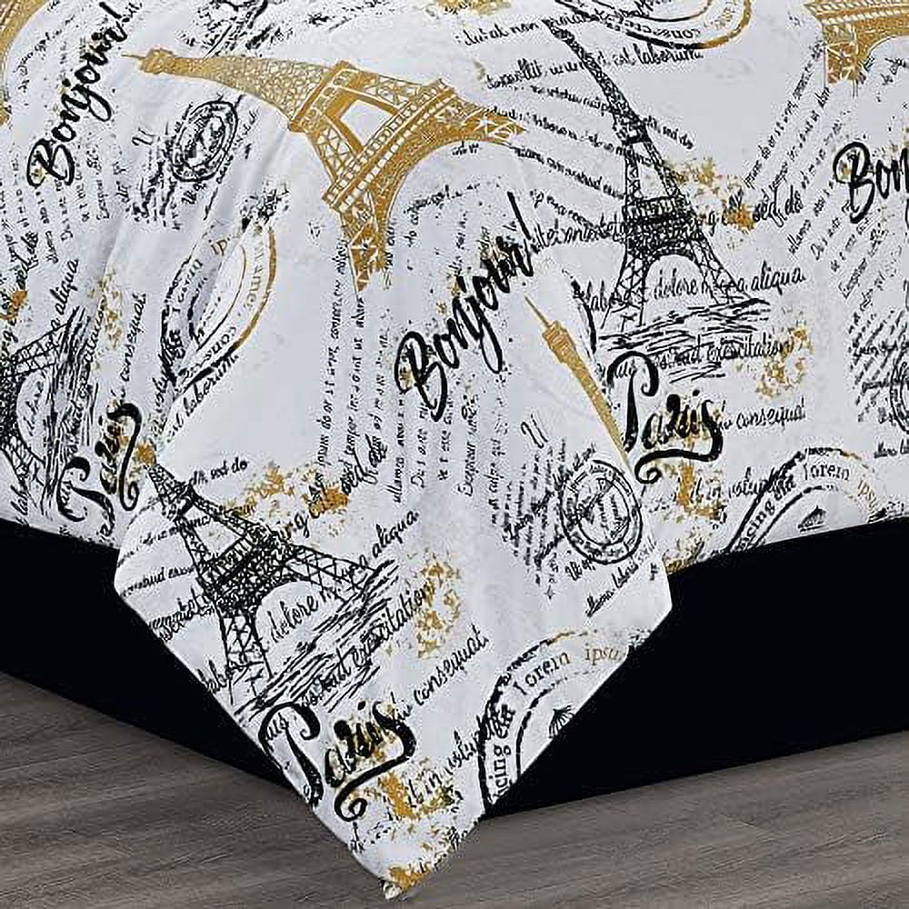King Size 7Pc Comforter Bed In A Bag Set, Fancy And Beautiful French s Bed Cover With Eiffel Tower Print, s King Comf Black/Gold
