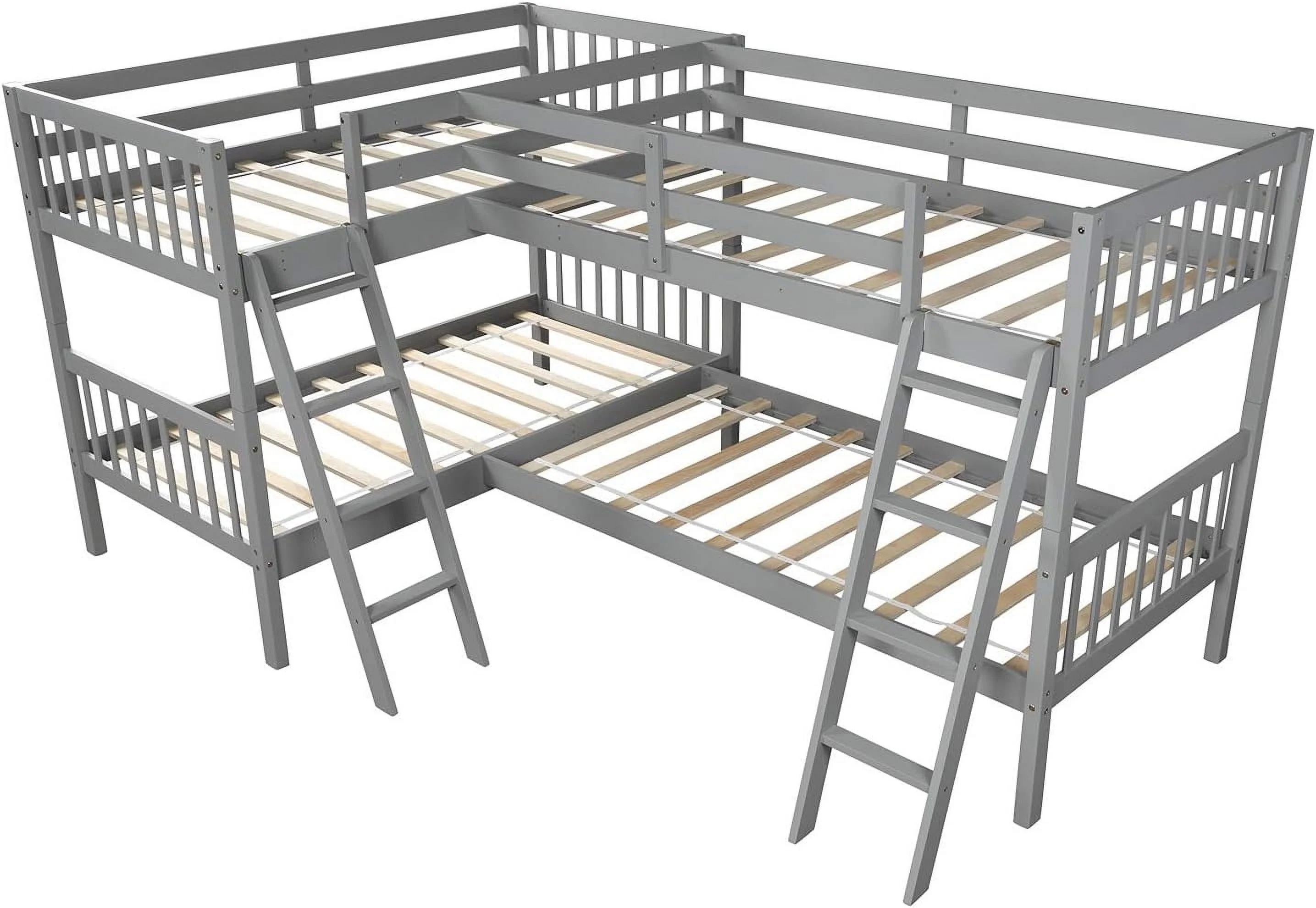 Corner L-Shaped Bunk Bed For 4 Kids, Over Over Bunk Bed Frame Wih Ladder, No Box Spring Needed (Grey)