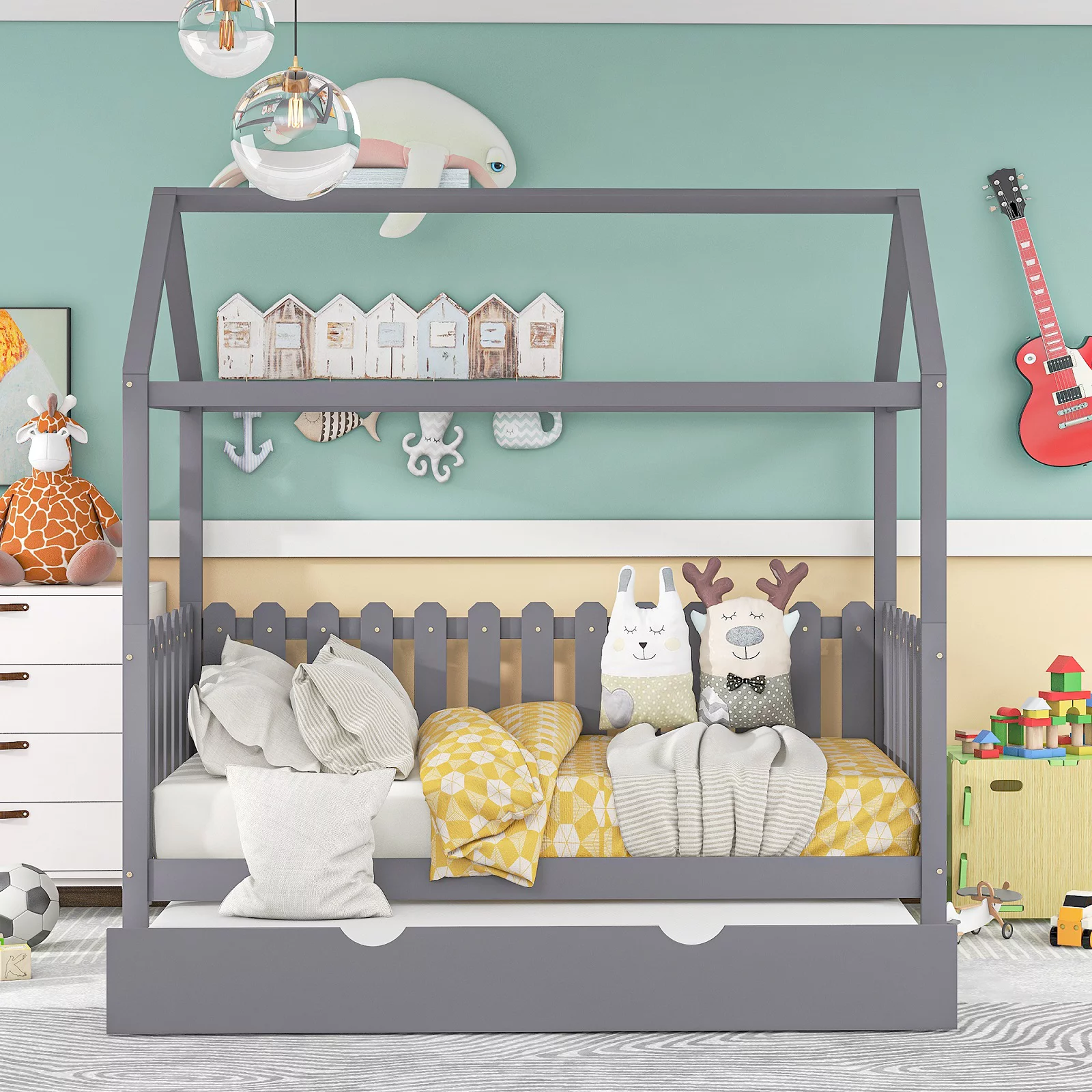 House Bed Daybed Twin Size Bed Frame with Trundle Fence-Shaped Guardrail Twin Trundle Daybed for Kids No Box Spring Needed Bedroom Furniture