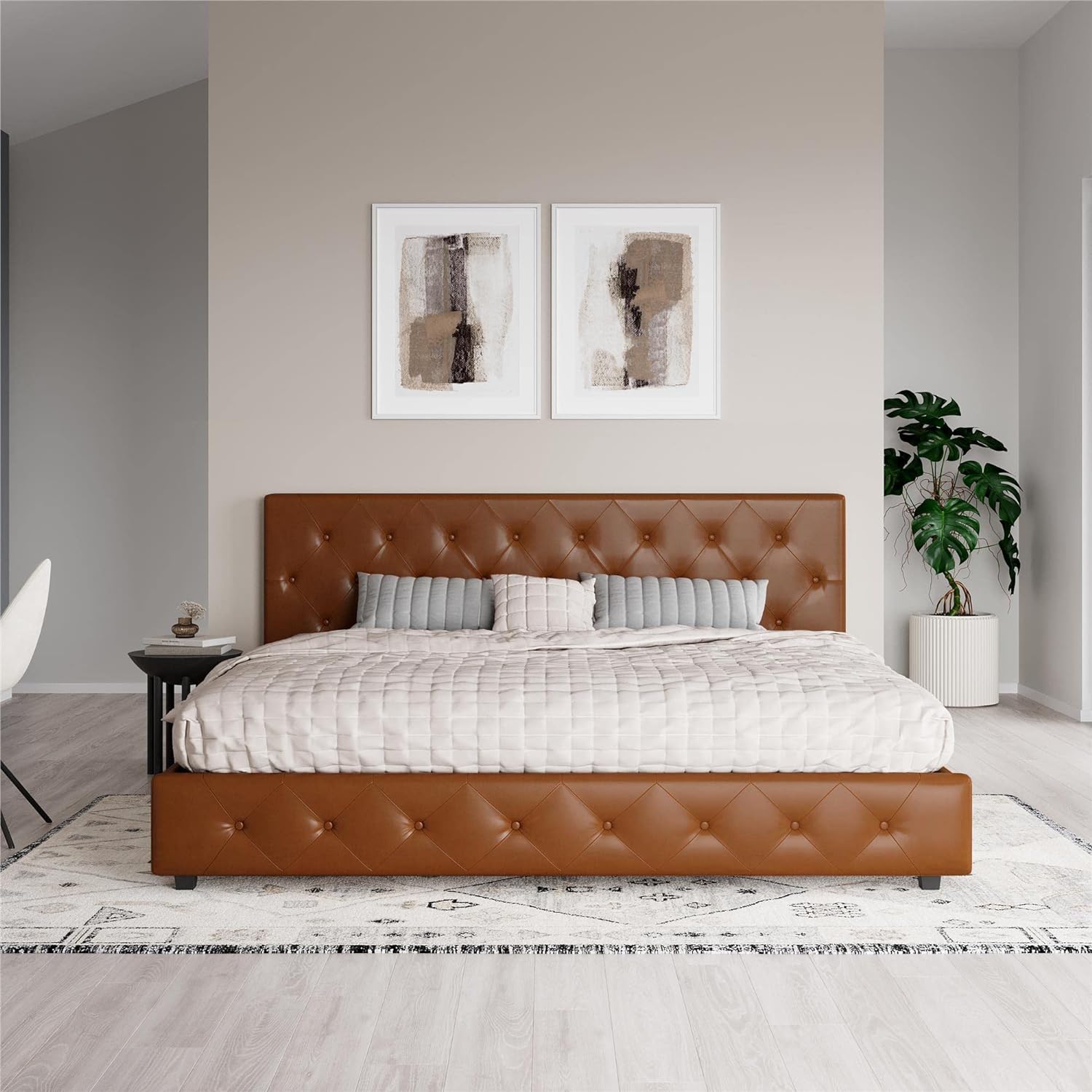 JIAH Dakota Upholstered Platform Bed with Diamond Button Tufted Headboard and Footboard, No Box Spring Needed, Full, Camel Faux Leather