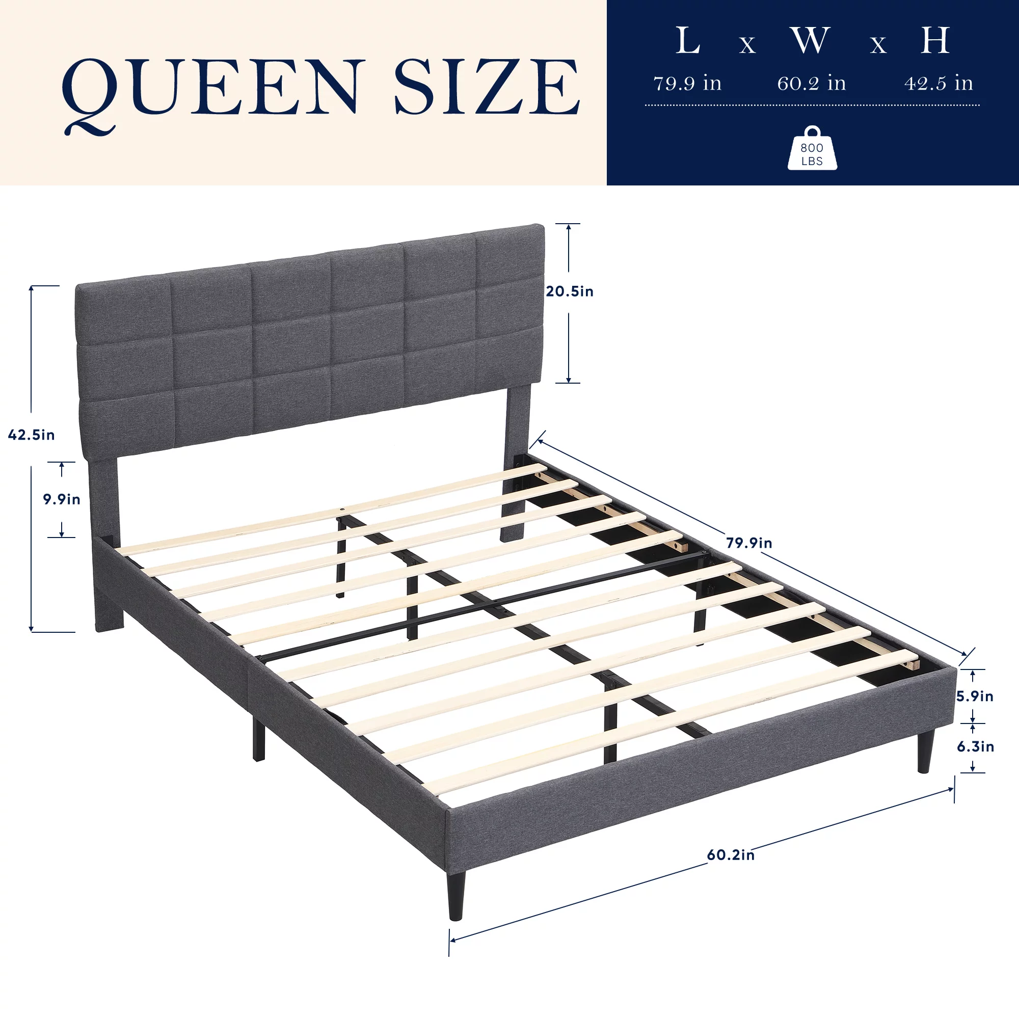 Momspeace Bed Frame Queen Size with Headboard and Strong Wooden Slats Upholstered Platform Bed, Gray
