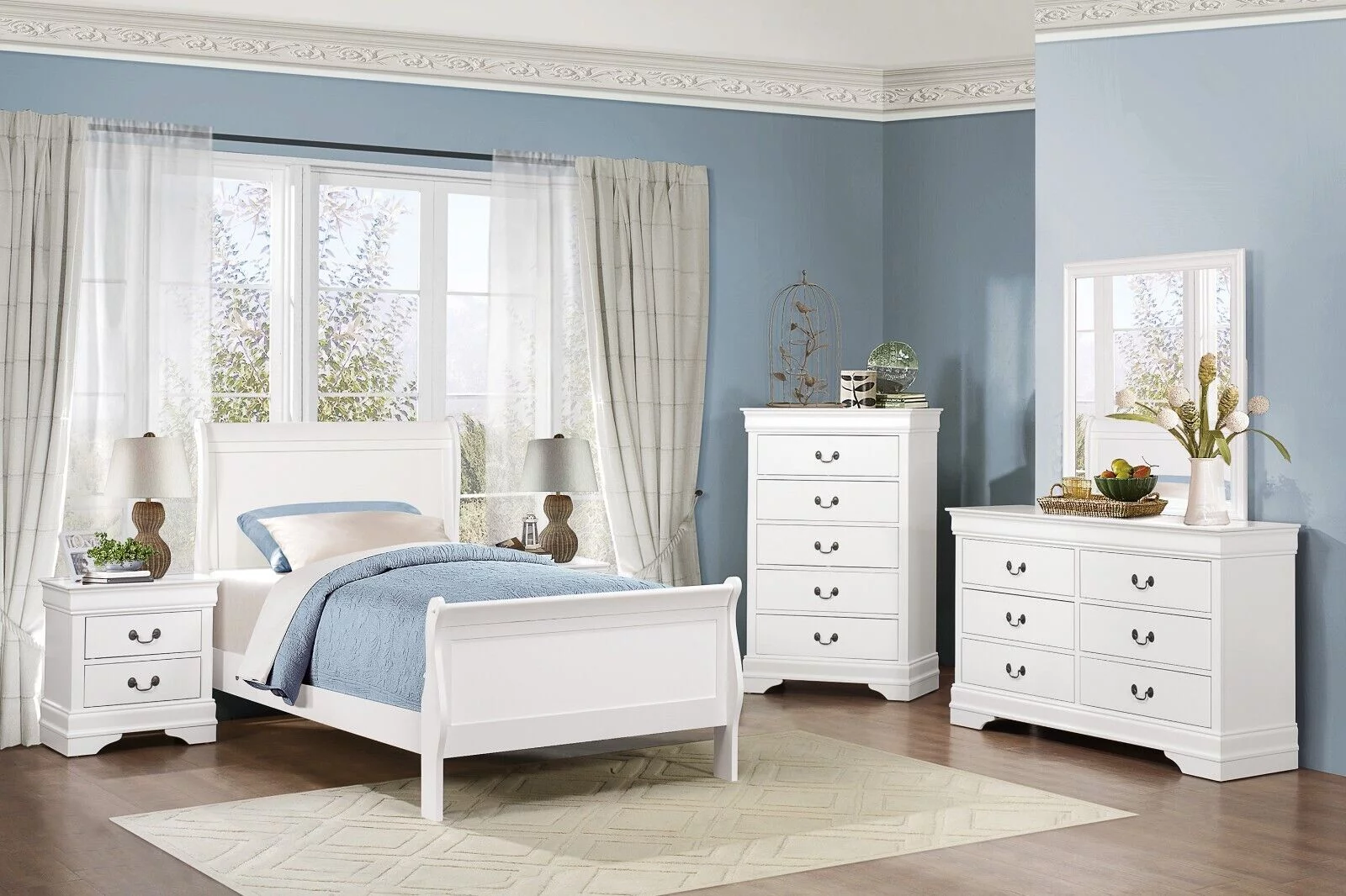 Classic Louis Philippe Style Bedroom 4pc Set Twin Bed Nightstand Dresser Mirror Traditional White Finish Furniture