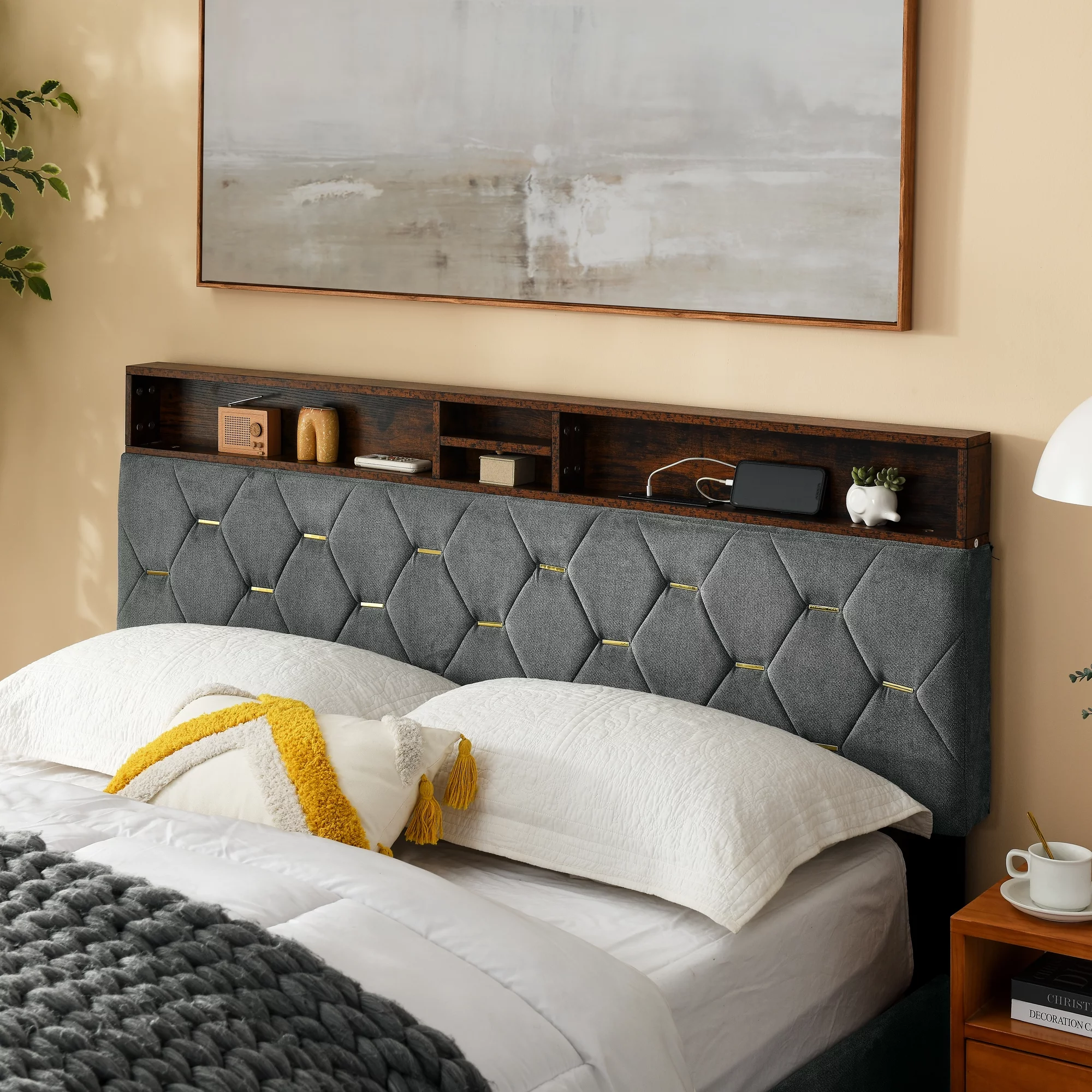 Queen Size Bed Frame, Shelf Upholstered Headboard, Platform Bed with Outlet & USB Ports, Wood Legs, No Box Spring Needed, Easy Assembly,Modern,Grey.