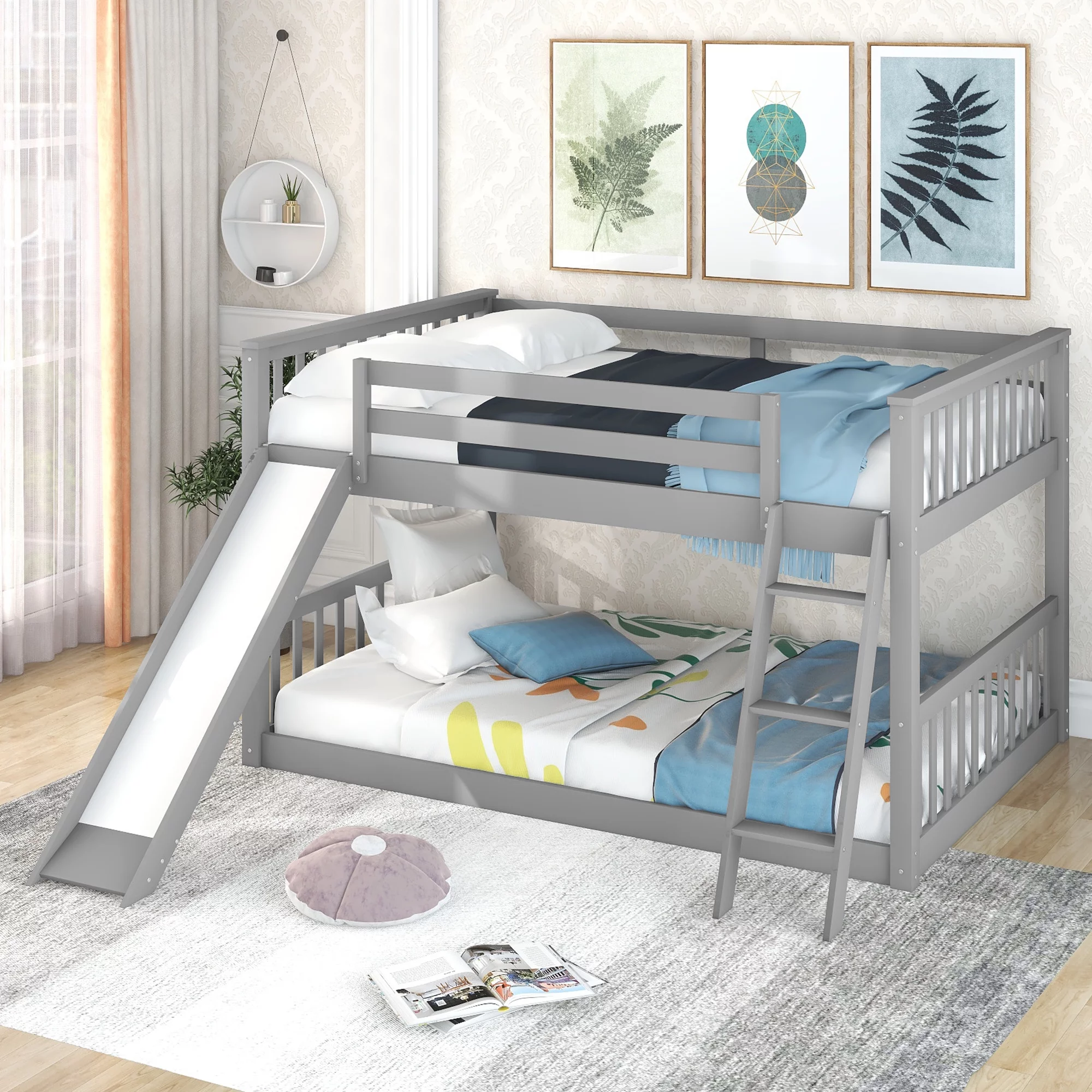 Full-Over-Full Wood Bunk Bed with Convertible Slide and Ladder, Wood Bunk Bed Frame for Kids
