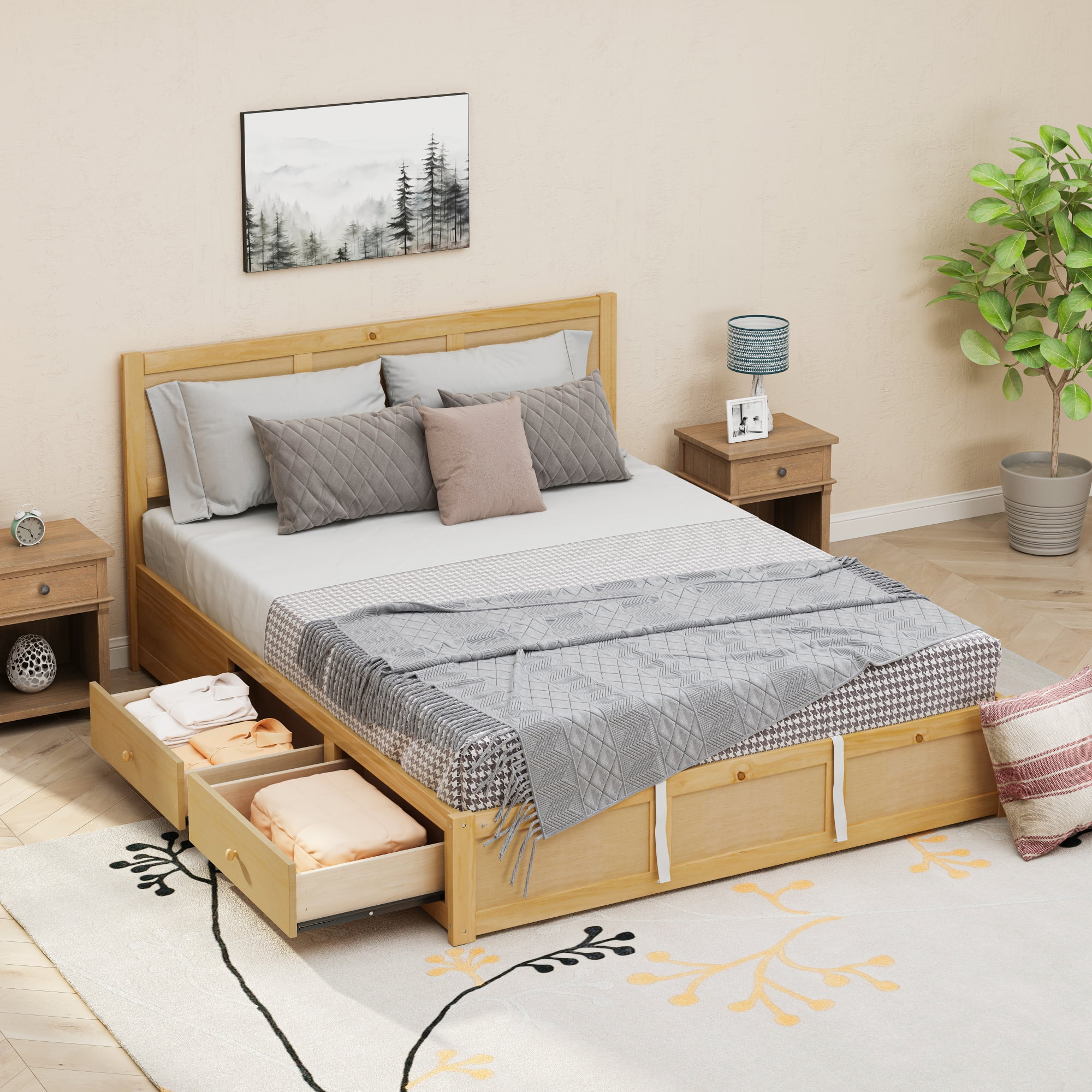 Queen-Size Wooden Platform Bed with Hydraulic Lift Storage and Dual Drawers, Sleek Headboard Design