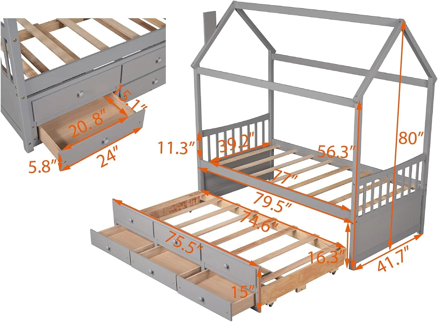Size House Bed With Trundle And 3 Storage Drawers, Solid Wood Bed Frame, No Box Spring Required/Grey