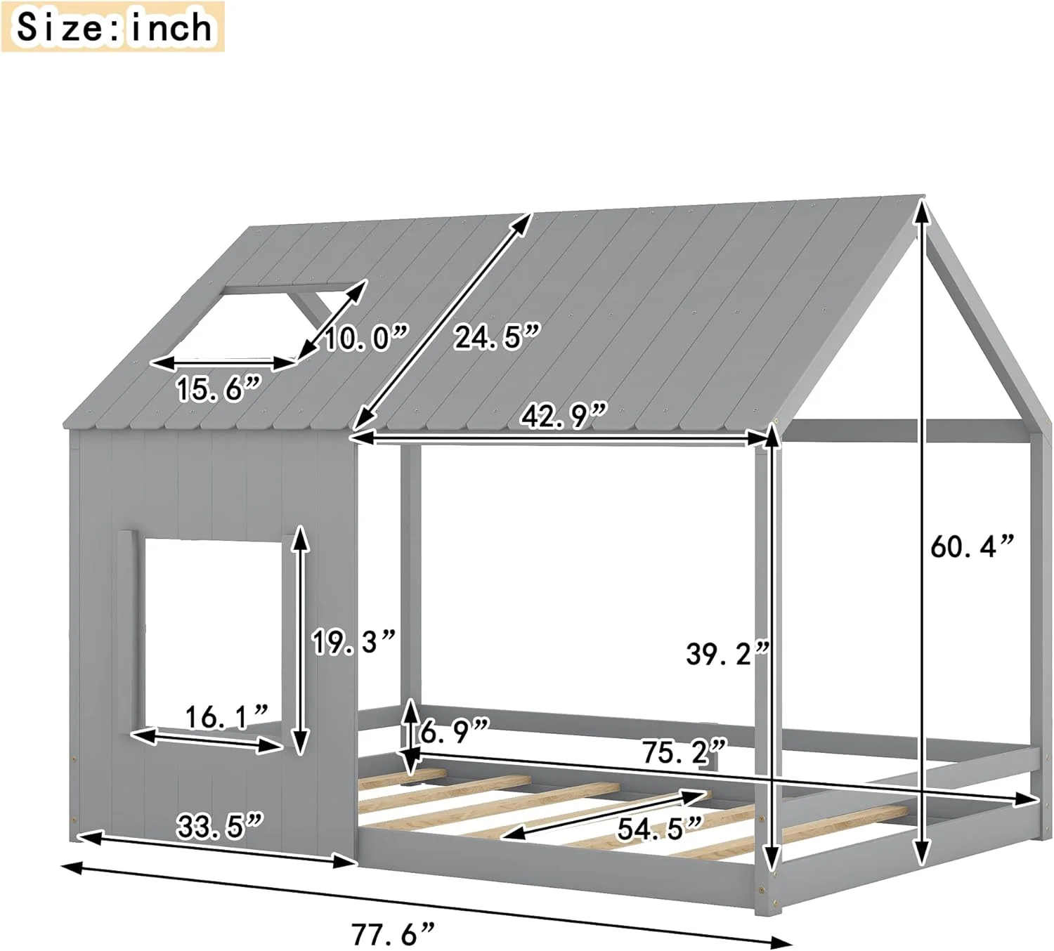 Full House Bed For Kids, Moessori Playhouse Bed, Solid Wood Full Plaform Bed Frame Wih Roof Ad Widow, Kids Bed For Girls & Boys(Gray)