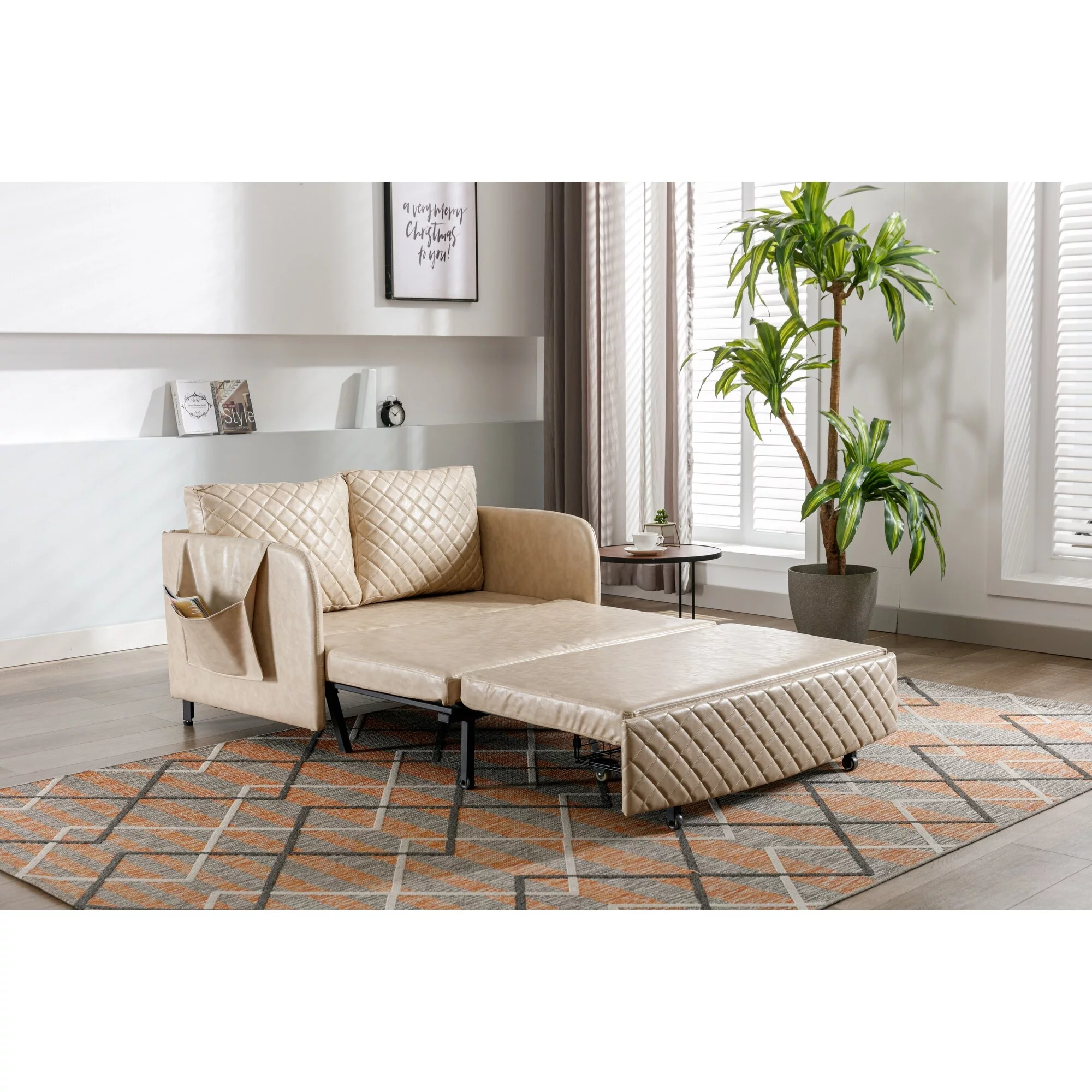HOMEFUN Linen/PU Loveseat Convertible Storage Sleeper Sofa Bed with Headboard Coffee+Linen