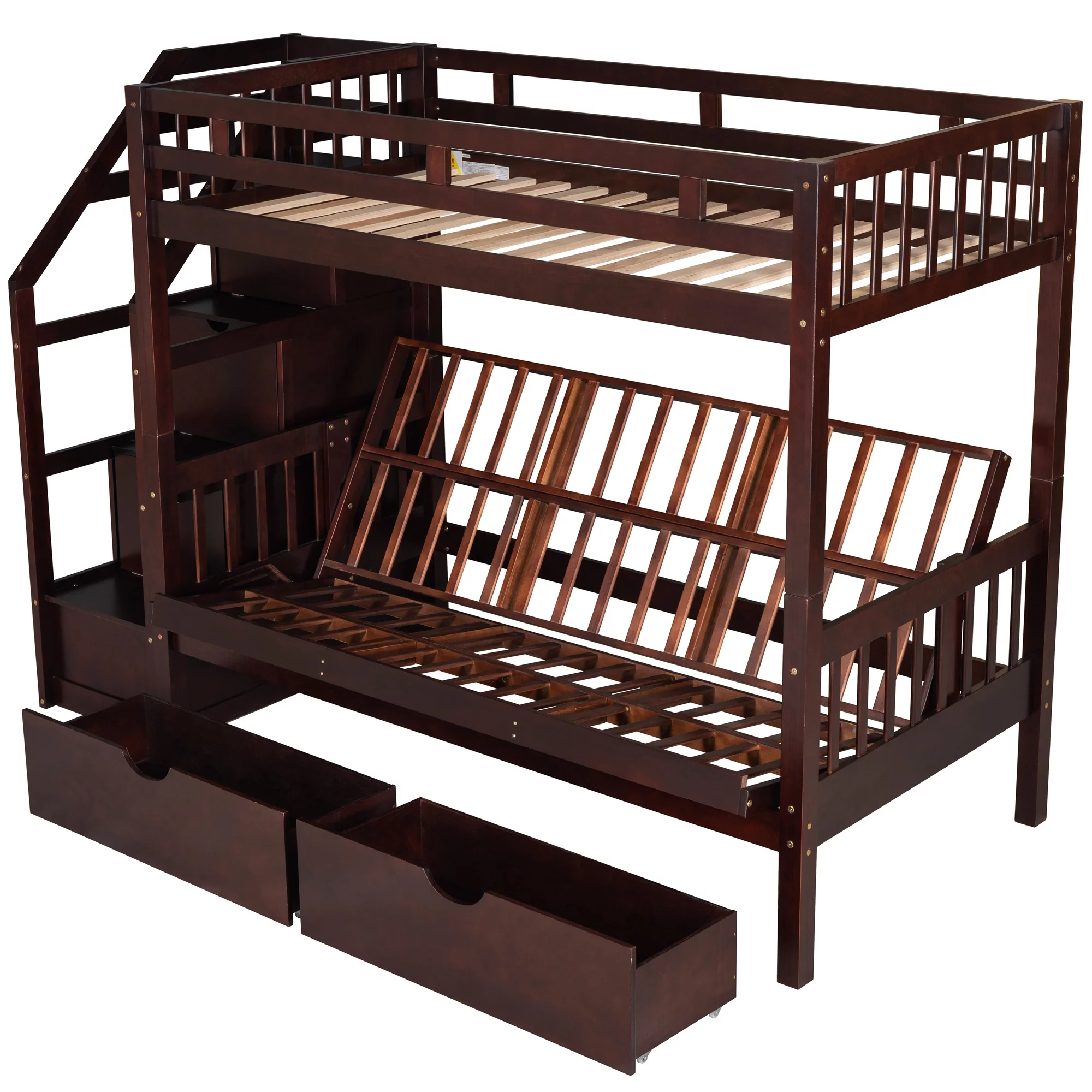 LANTRO JS Twin over Full Bunk Bed with Two Drawers and Staircase, Down Bed can be Converted into Daybed, Espresso