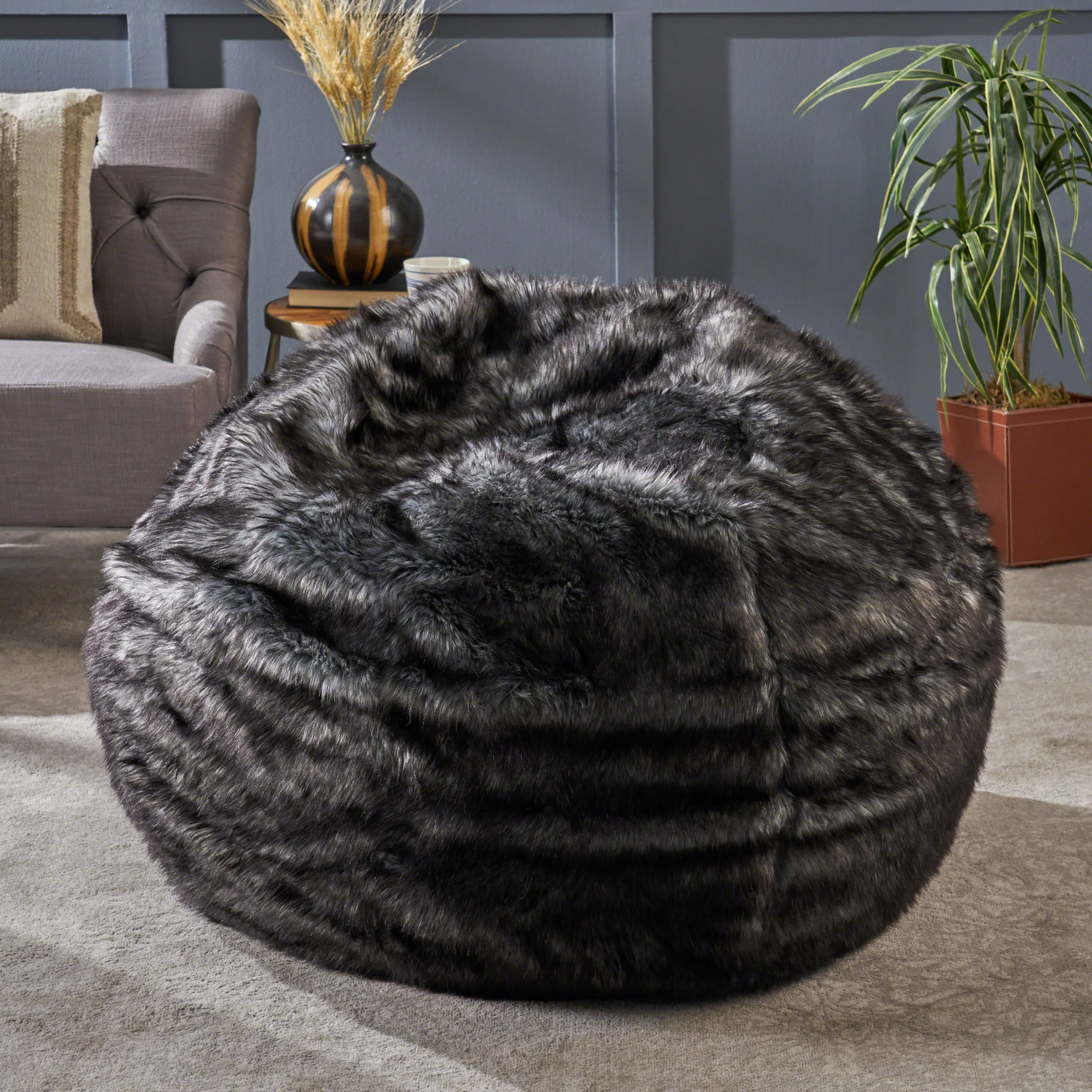 GDF Studio Laraine Glam Faux Fur 3 Ft. Bean Bag, Black and White Streak