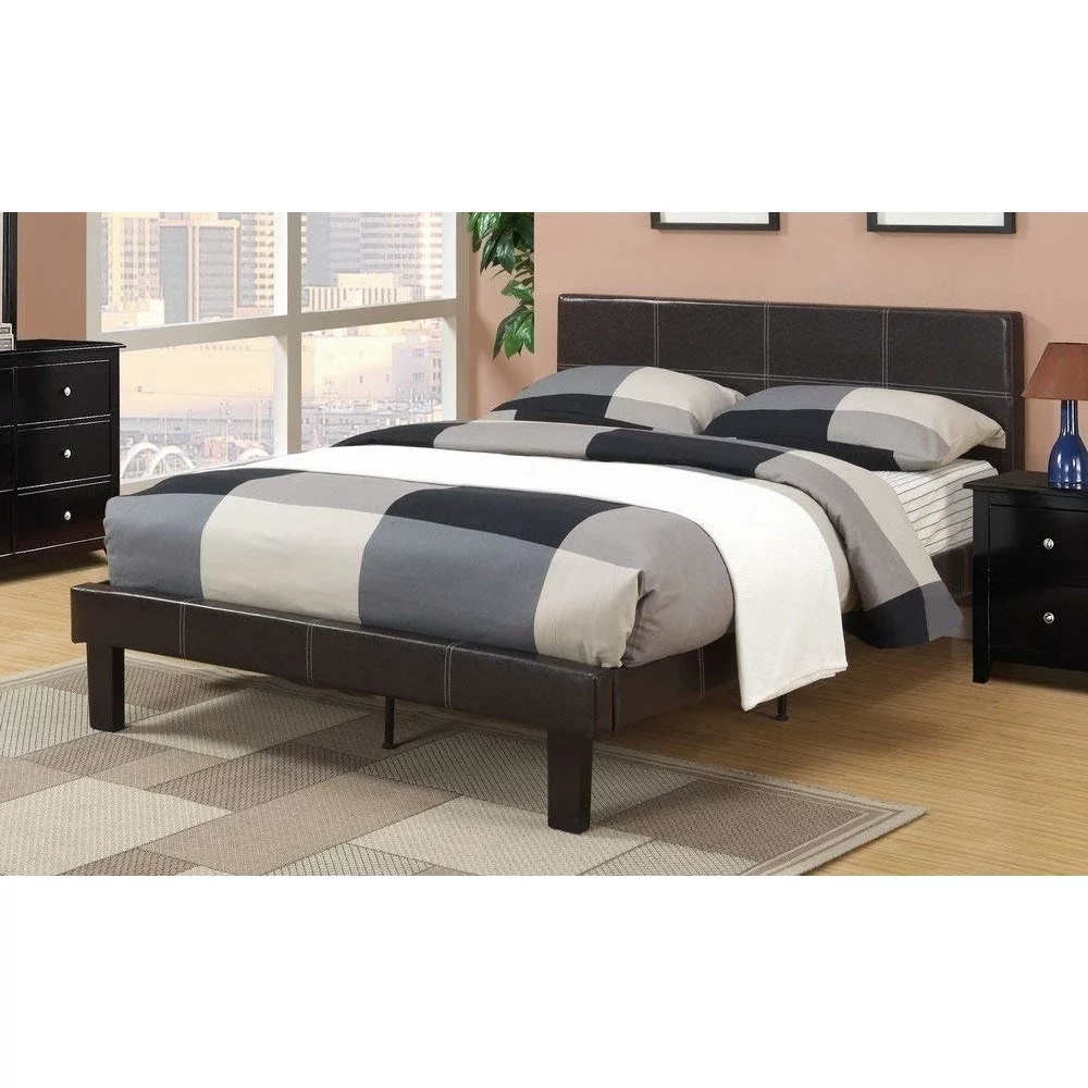 Leather Upholstered Bed With Slats, Brown- Saltoro Sherpi