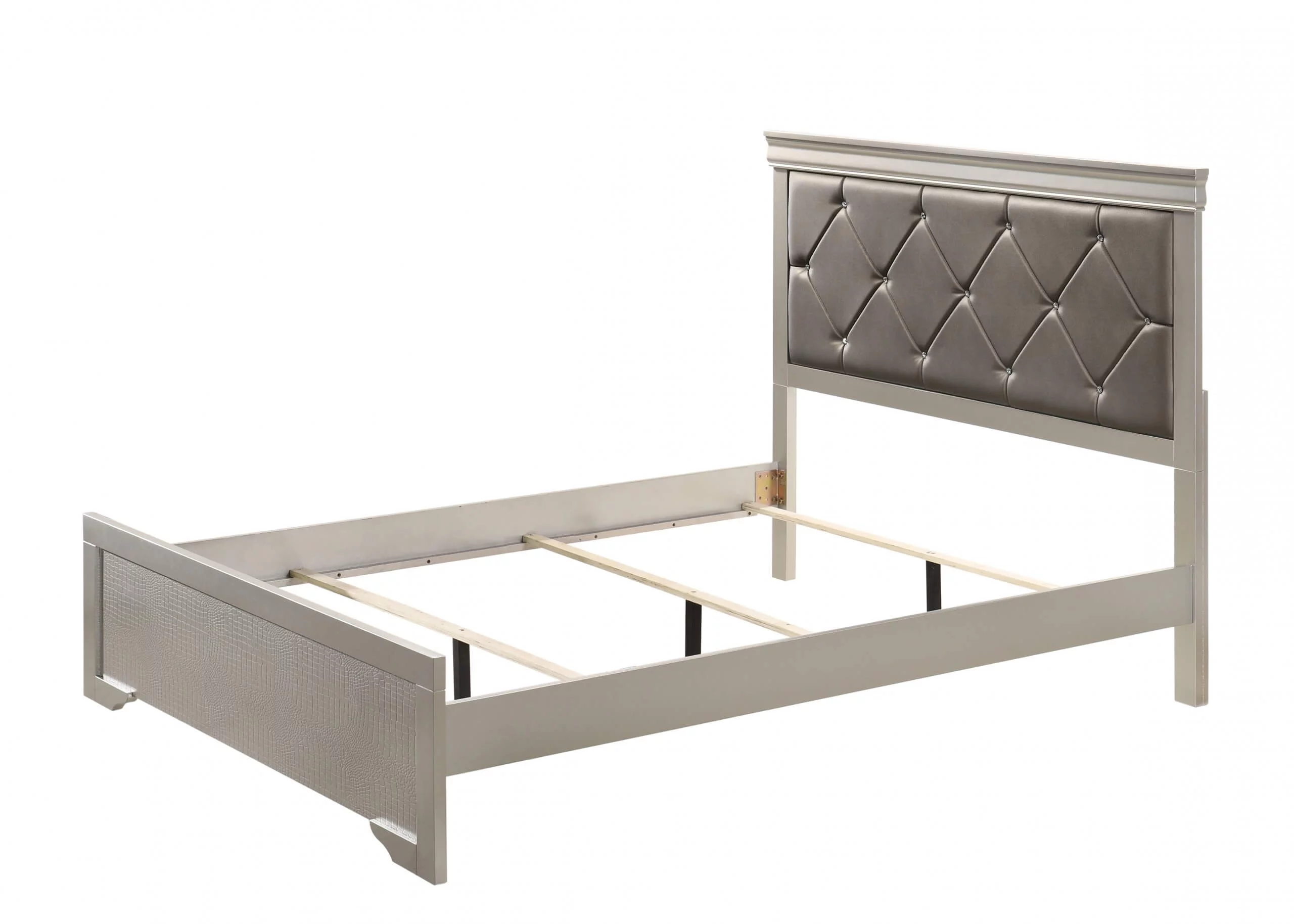3Pc Silver Finish King Size Panel Upholstered Button Tufted Headboard Bed Nightstand Set Wooden Bedroom Furniture