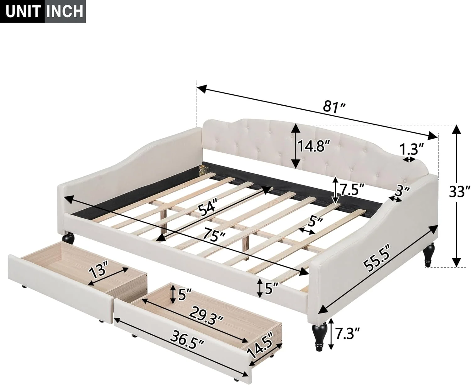 Full Trundle Upholstered Size Daybed with Two Storage Drawers, Solid Wooden Sofa Bed Frame w/Button Tufted Backrest,for Kids, Bedroom, Dorm,No Box Spring Needed