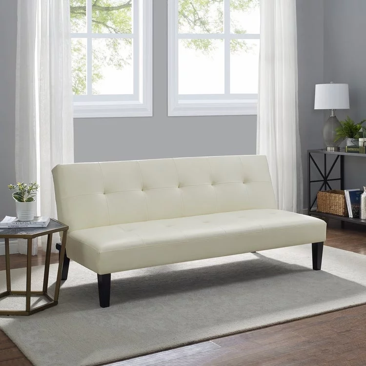 Button Tufted Futon Sofa Bed, Faux Leather Futon Couch, Modern Convertible Folding Sofa Bed Couch with Wooden Legs Cream