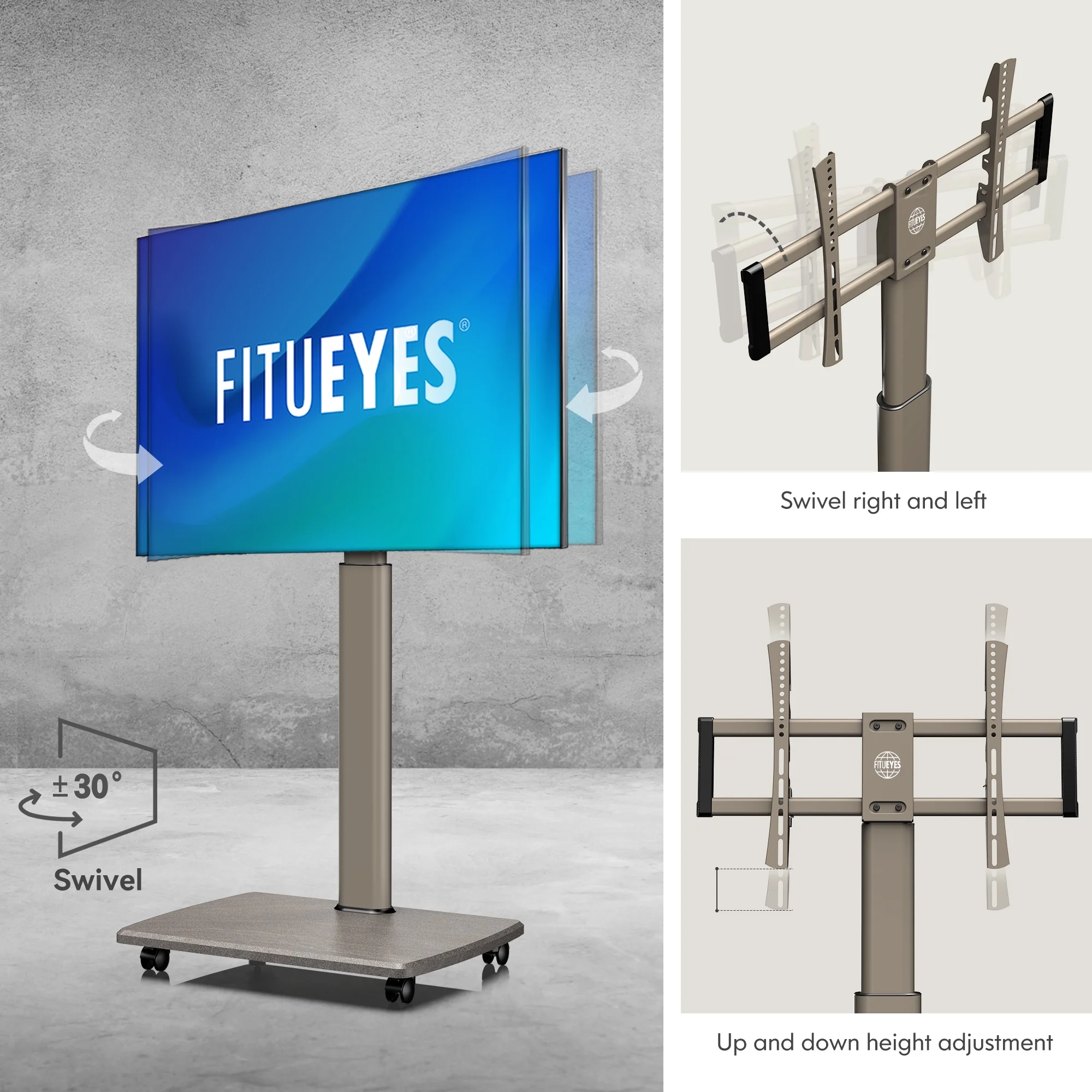 FITUEYES Rolling Floor TV Stand For 32''-70'' Tvs,Morandi Grey&with Swivel Mount,Wooden Base,Corner Universal Stands for Bedroom, Outdoor, Small Dorm