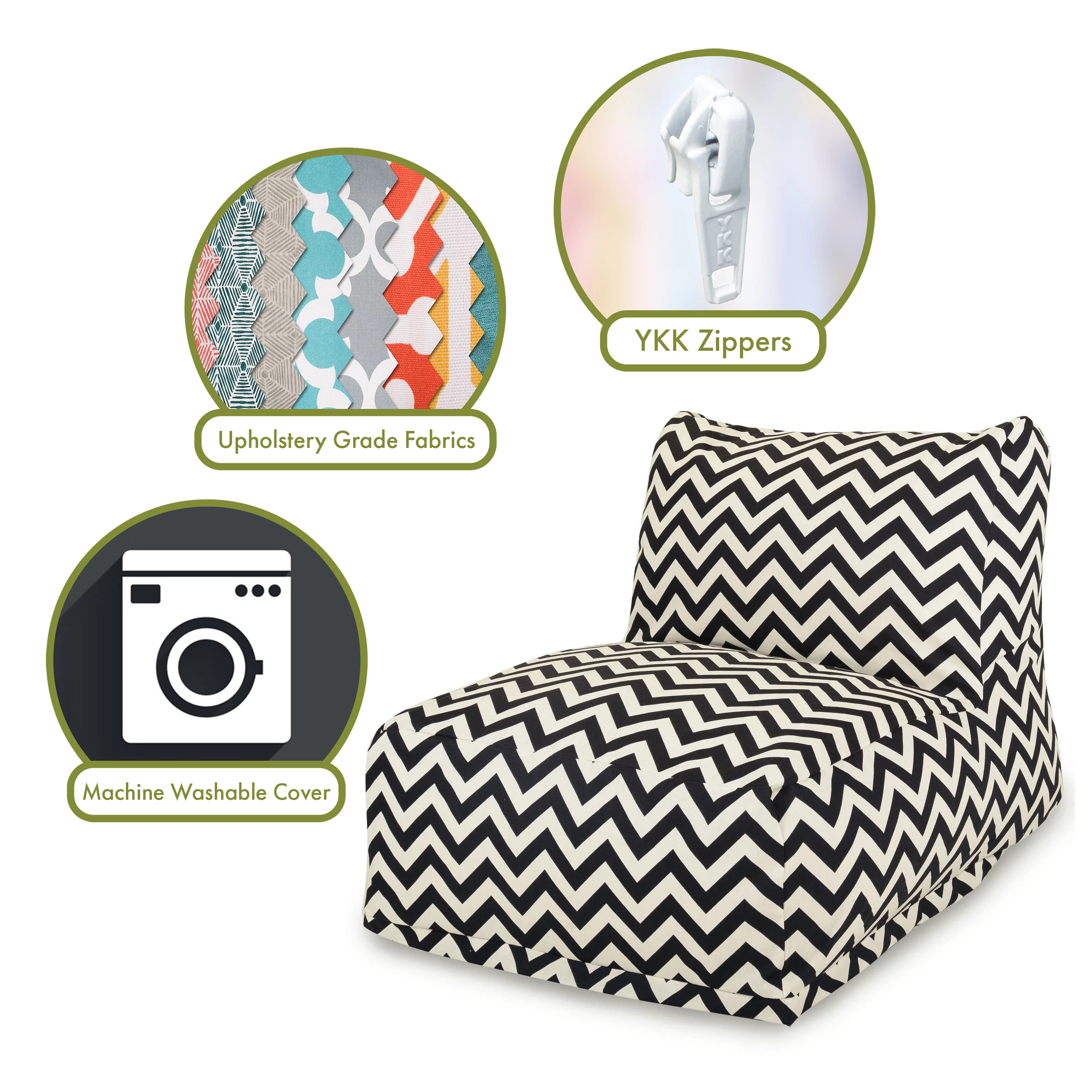 Majestic Home Goods Indoor Outdoor Black Chevron Chair Lounger Bean Bag 36 in L x 27 in W x 24 in H