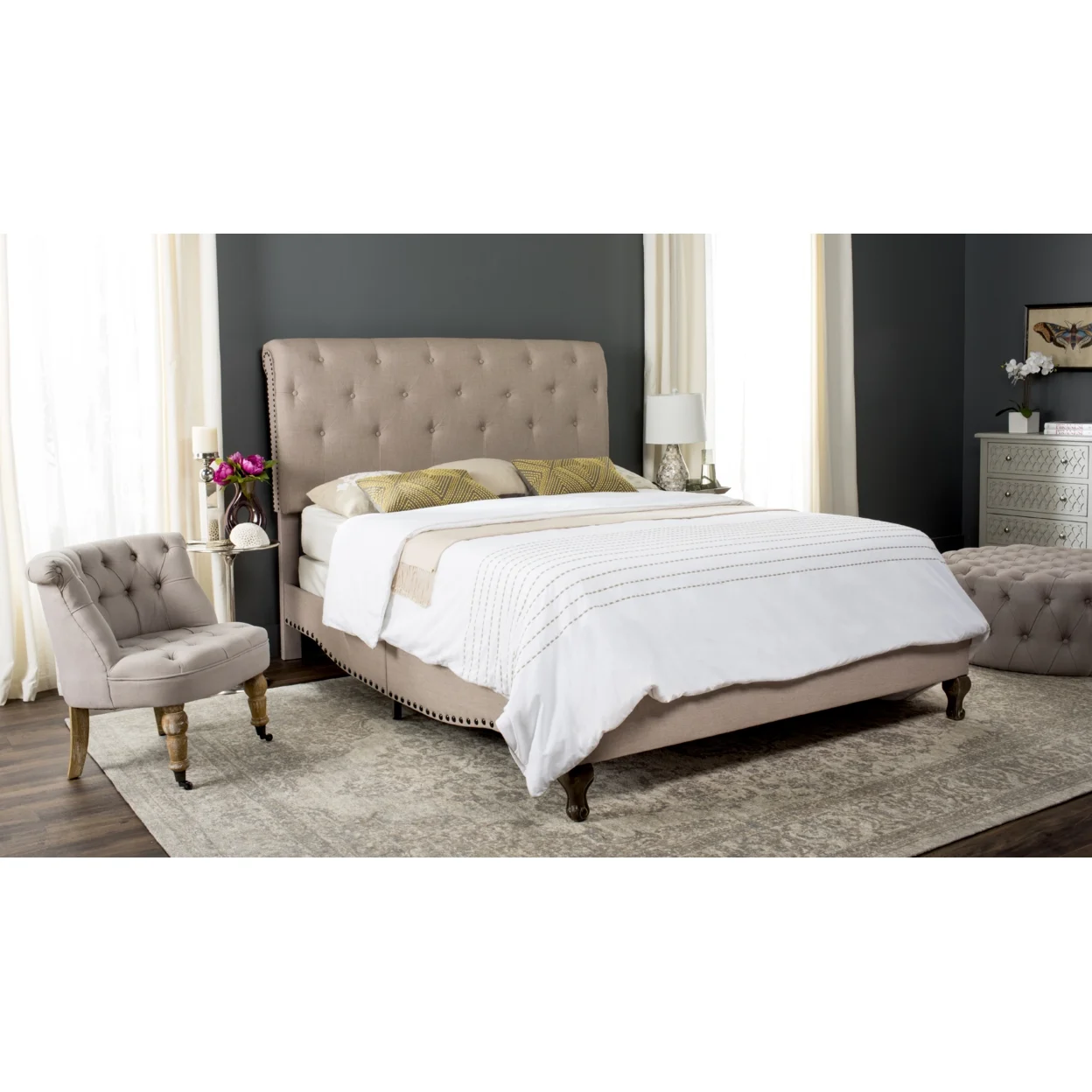 SAFAVIEH Hathaway Modern Tufted Bed Frame with Nail Heads, Twin Taupe