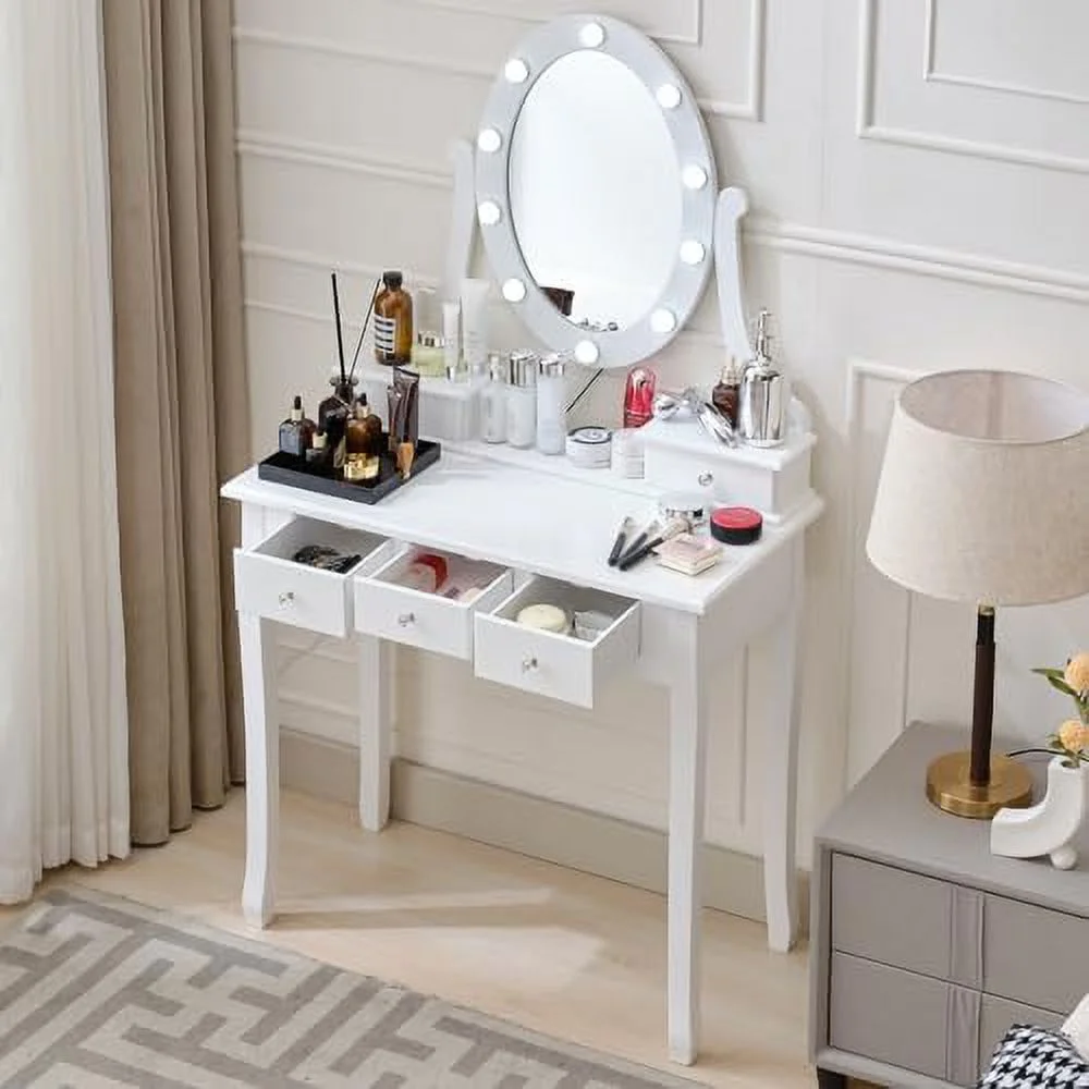 NLIBOOMLife Makeup Vanity Table with Lighted Mirror  Dressing Table Compact Vanity Desk with 5 Large Drawers for Women Girls (White)