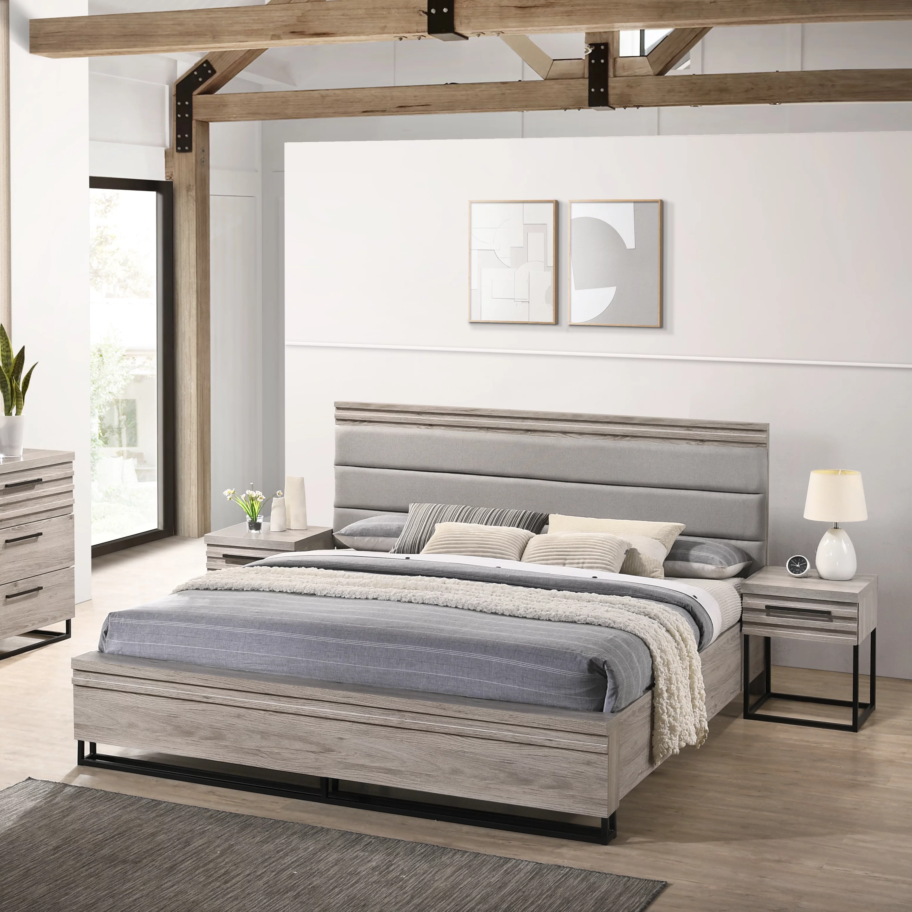 Alvear 3-Piece Wood Bedroom Set, Queen Size Panel Bed and Two Nightstands, Weathered Gray