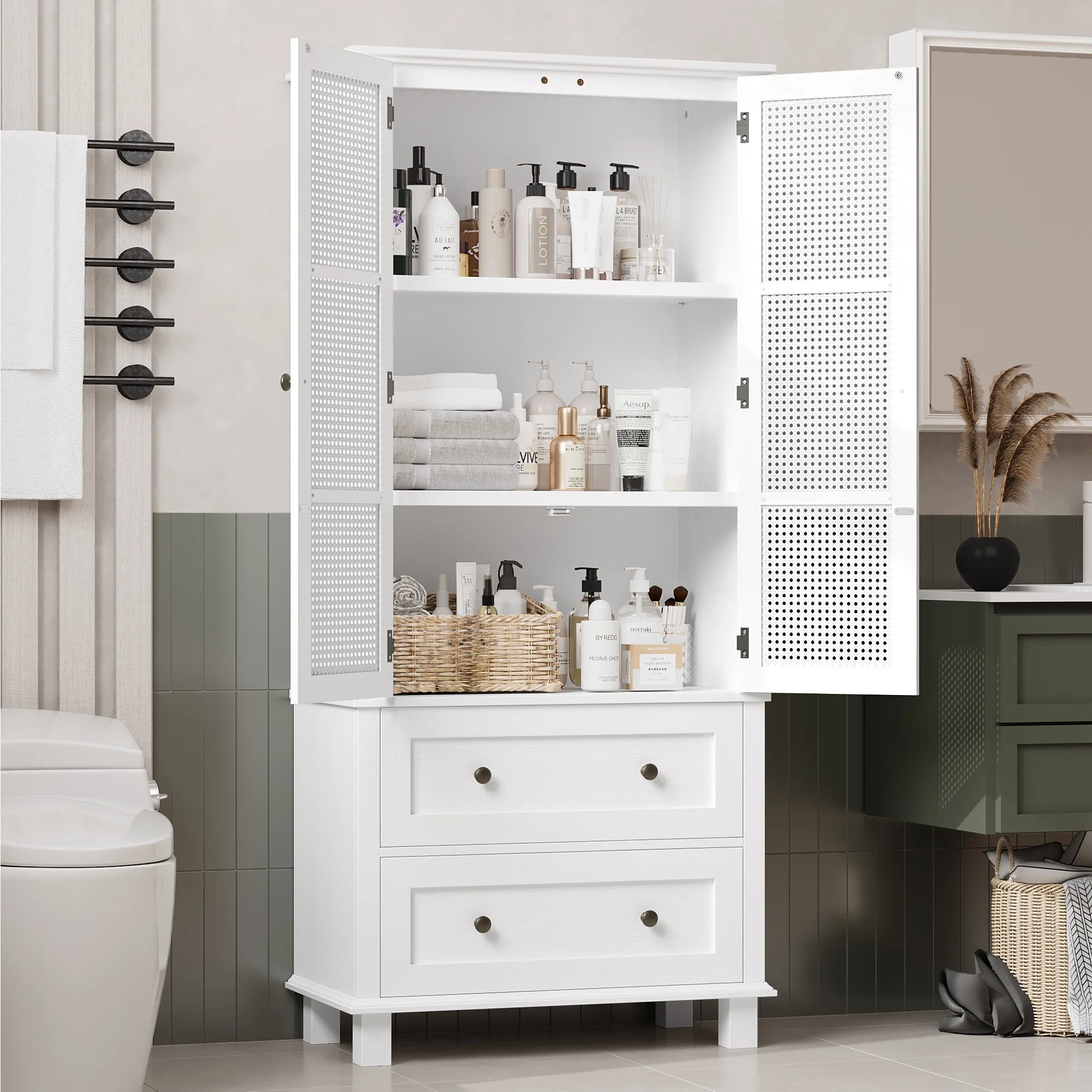 Homfa Bathroom Cabinet with Rattan Doors, Rattan Linen Storage Cabinet with 2 Drawers, White