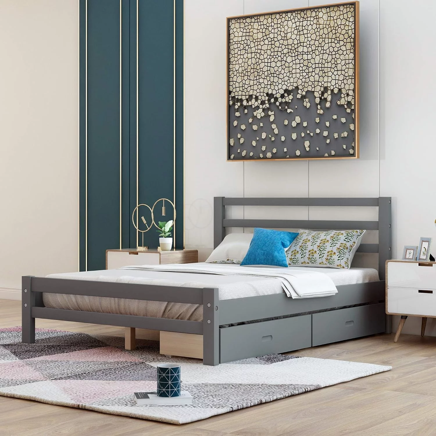 Full Size Platform Bed With Two Storage Drawers, Wooden Platform Bed With Headboard And Footboard, Grey