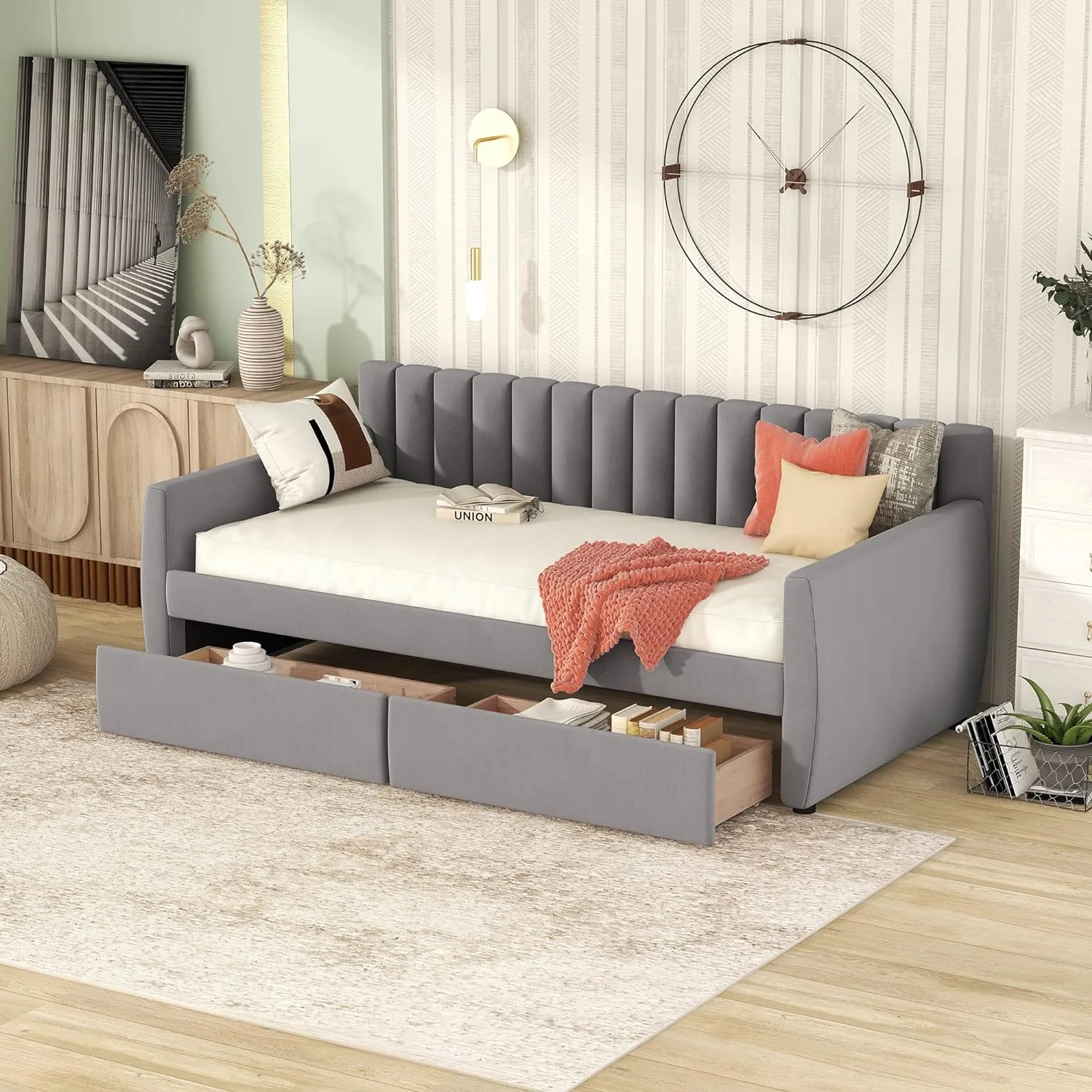 Size Upholstered Daybed With Storage Drawers, Wooden Velvet Fabrics Storage Sofa Bed With Vertical Stripes Design Backrest, Wood Slat Support, Grey