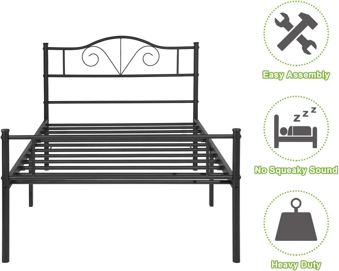 Heavy Duty Metal Size Bed Frame Steel Mattress Foundation Black Coated Headboard Single Bed, No Box Spring Needed Storage Needed