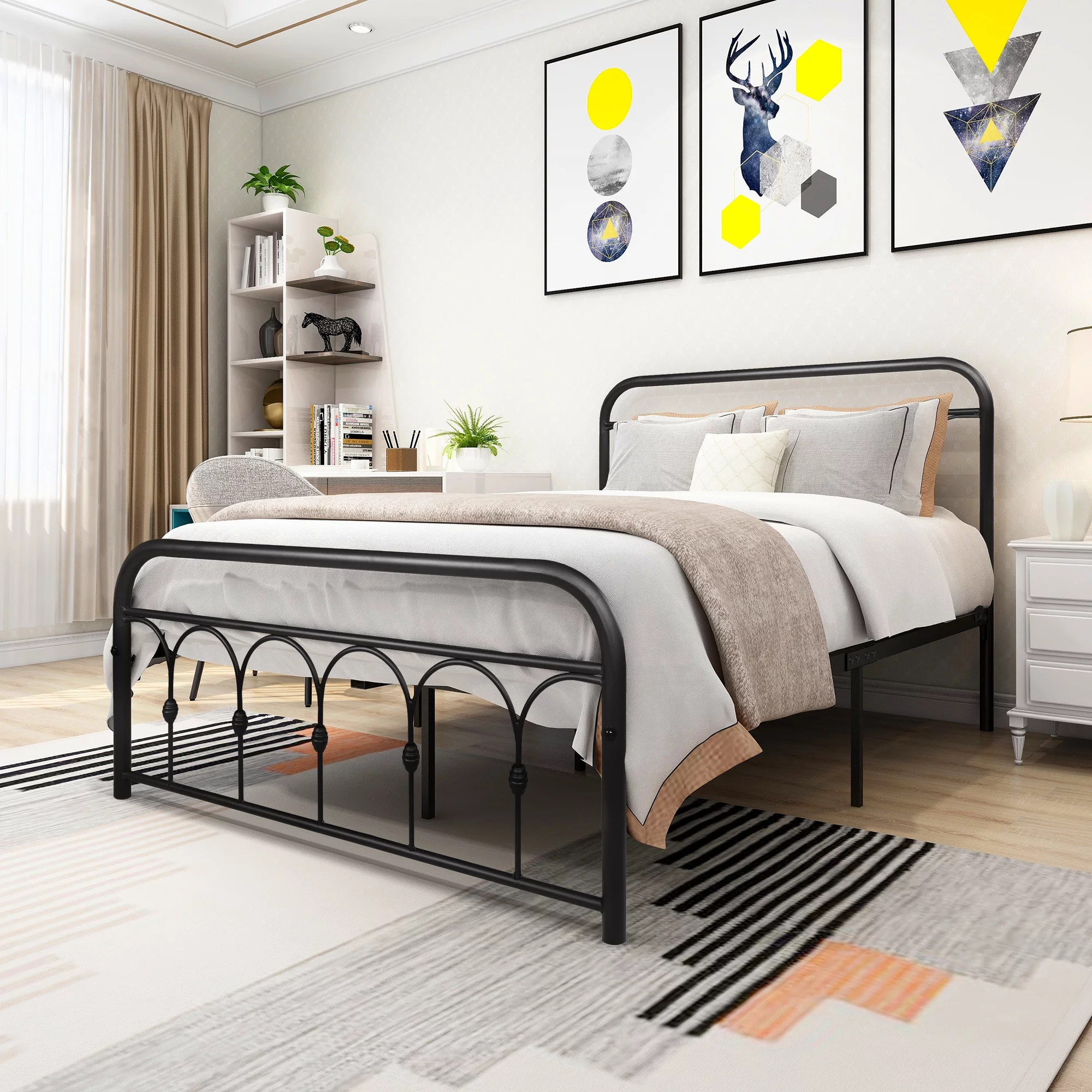paproos Full Platform Steel Bed, Full Size Metal Bed with Headboard and Footboard, No Box Spring Need, Black