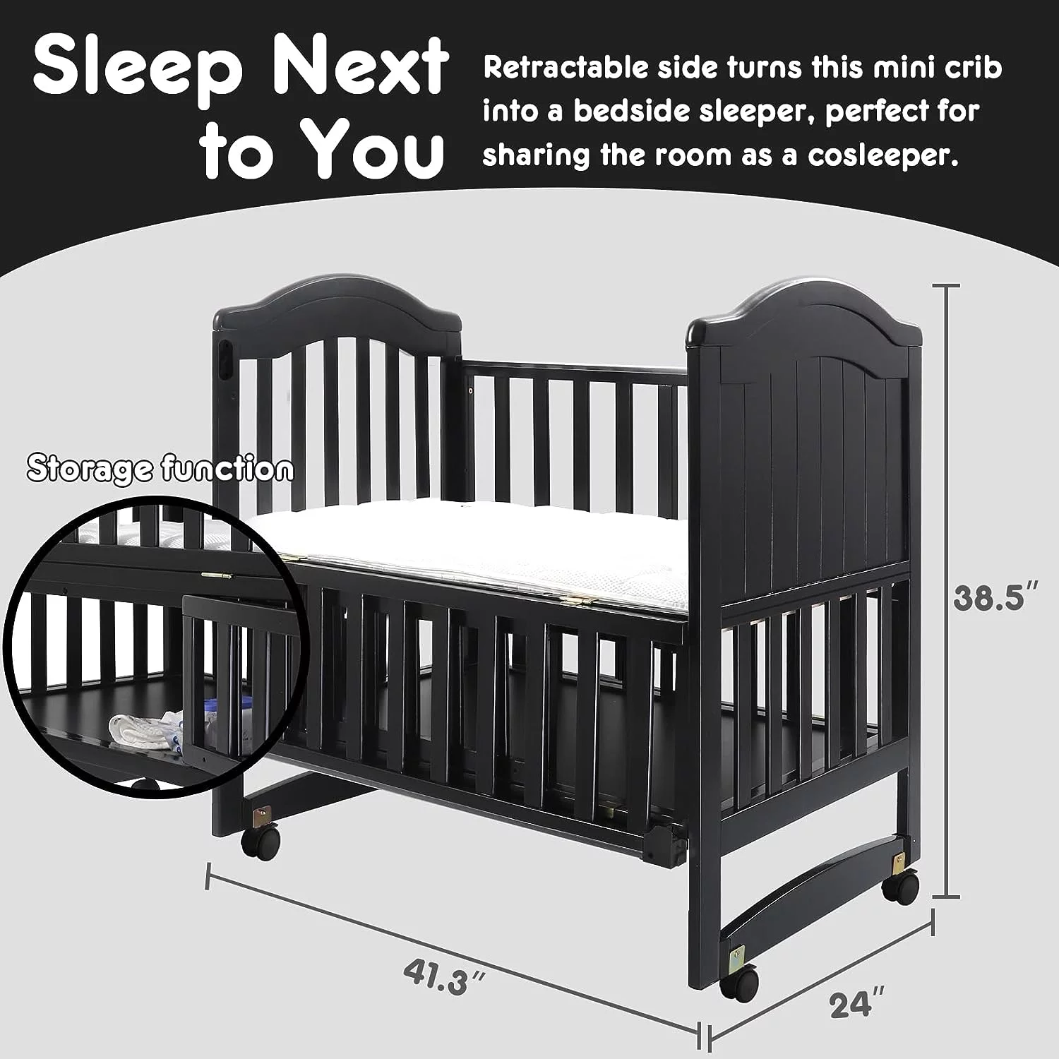 Portable Mini Baby Crib 6-in-1 Convertible (Mattress and Mosquito Net Included), Portable Bedside Sleeper Baby Bassinet Fits for Newborn Infants to Toddlers (Black)