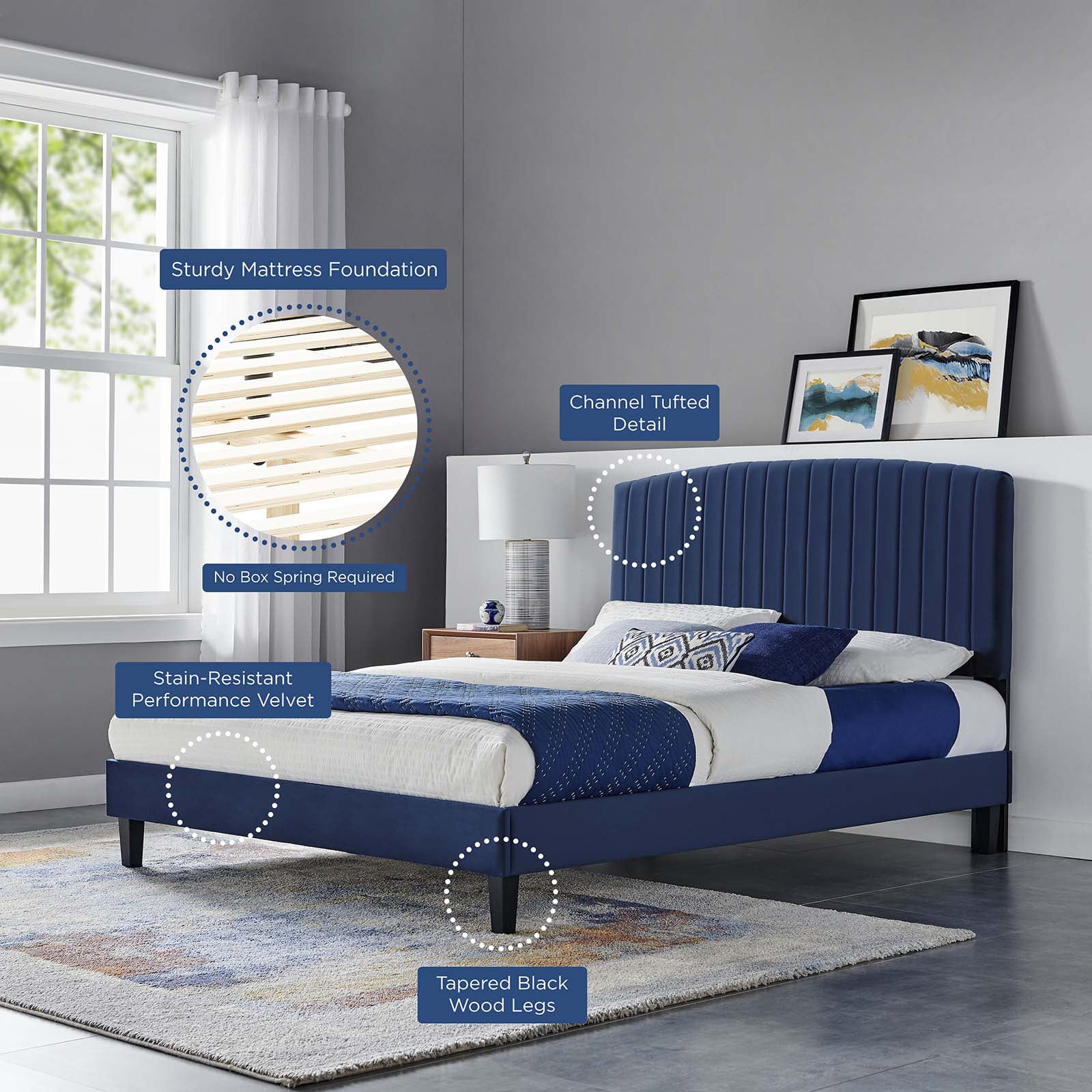 Platform Bed Frame, Twin Size, Blue Navy, Velvet, Modern Contemporary, Bedroom Master Guest Suite Room