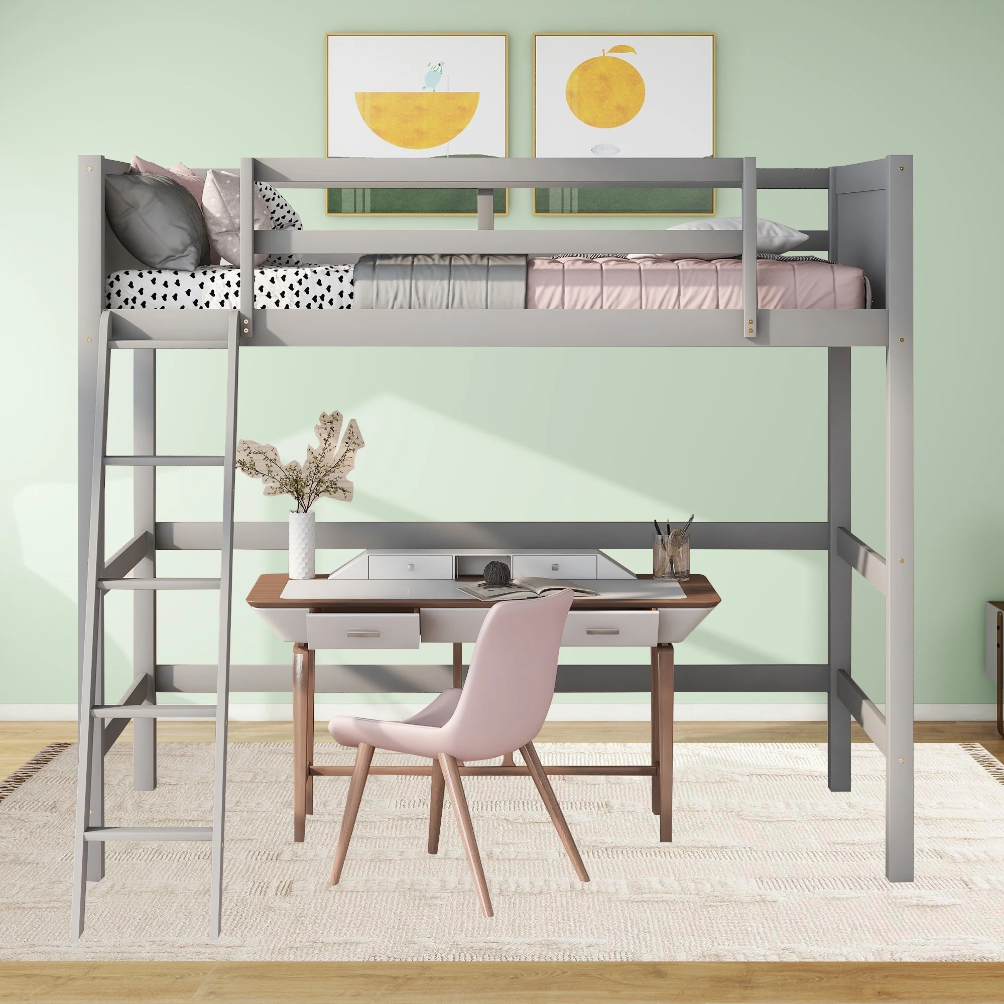 Twin Size Solid Wood Loft Bed with Ladder&Safety Guardrail,Space-Saving Design&Built in Solid Slat Support for Boys/Girls/Teens Bedroom,No Spring Box Needed (Gray)