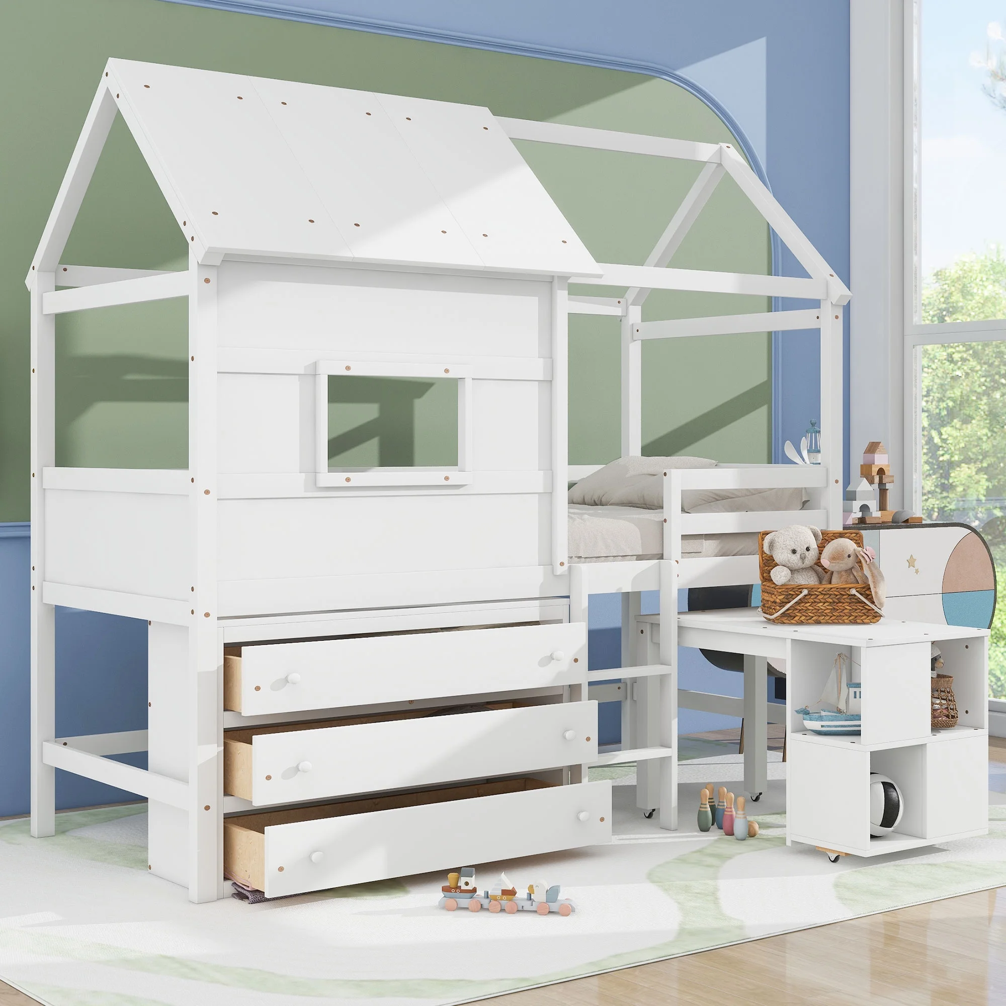Euroco Wood Twin Size Loft Bed with Movable Desk for Kids, Low Profile Loft Bed with Storage Shelf and Drawers for Kids Teens Adults, House Bed with Roof and Window, White