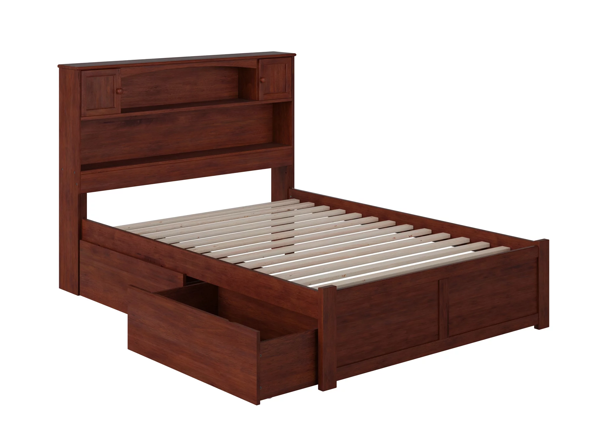 AFI Newport Full Solid Wood Platform Bed with Footboard & 2 Storage Drawers in Walnut