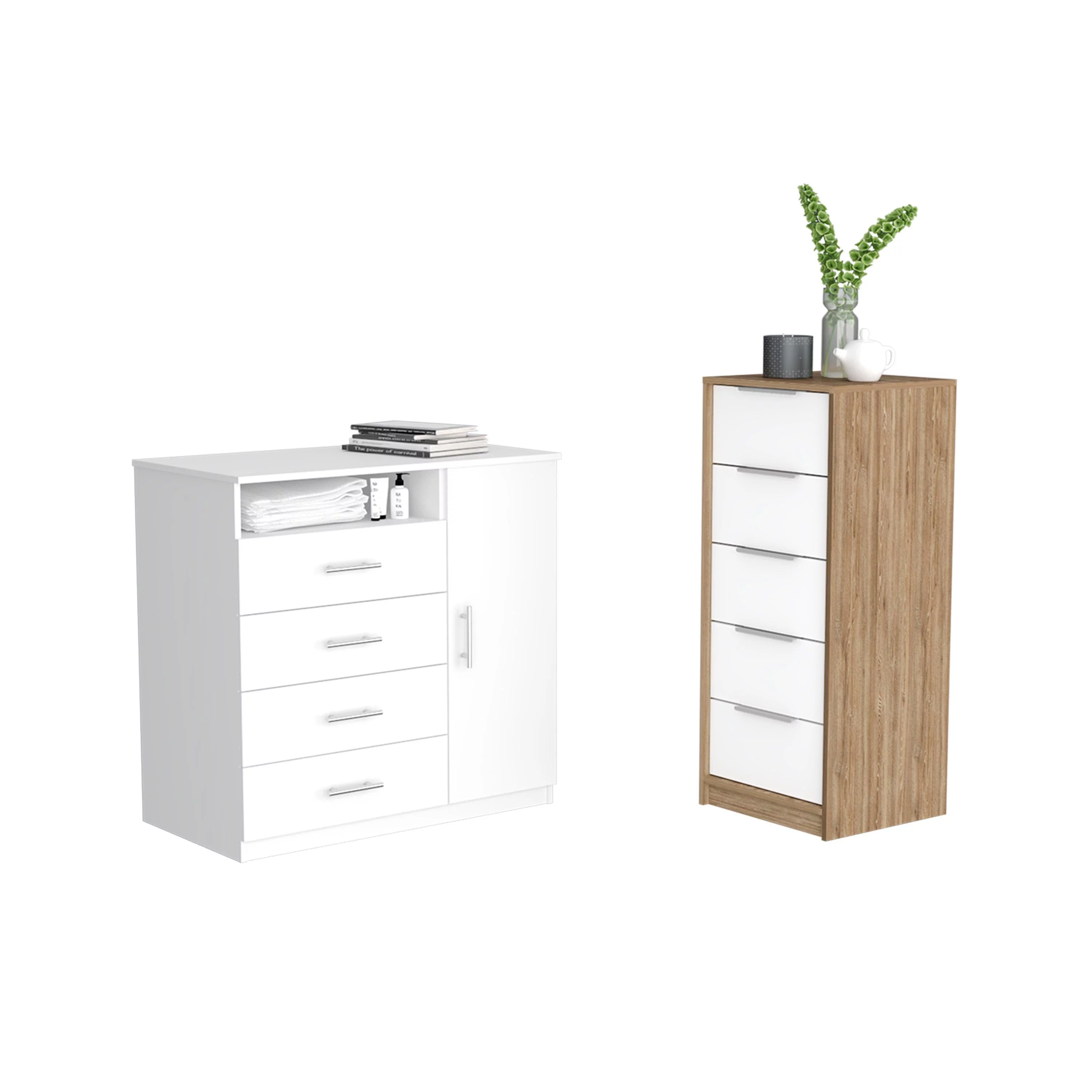 TUHOME Winter 2 Piece Bedroom Set, Dresser Dresser, White / Pine