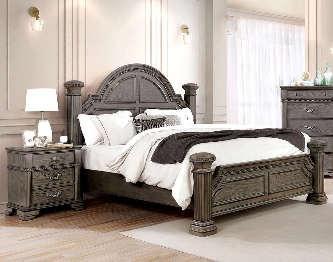 Formal Traditional Style 3pc Bedroom Set Solid Wood Antique Gray Queen Size Bed 2x Nightstand w USB Furniture Arched HB