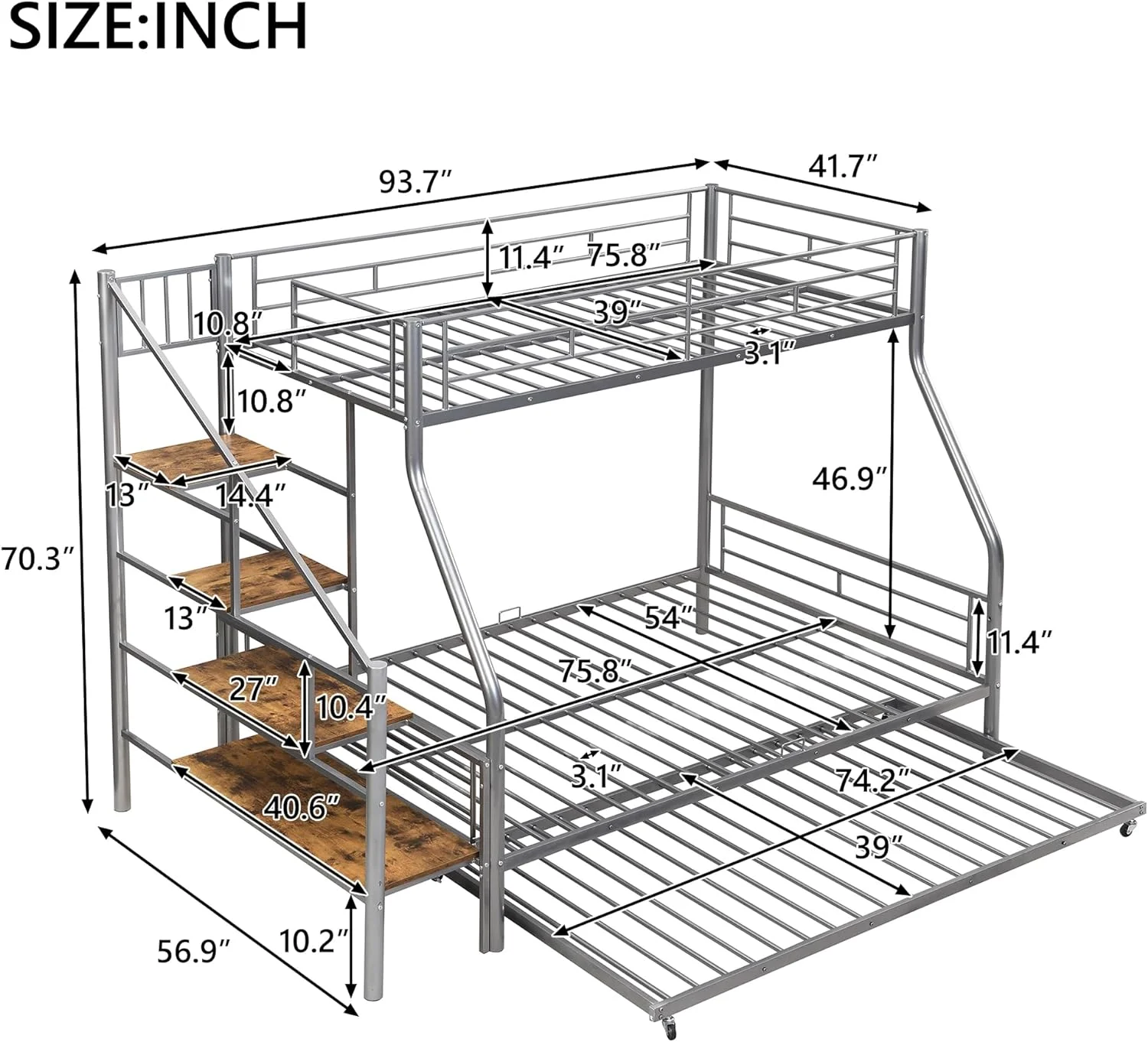 Over Full Bunk Bed With Trundle And Stairs, Metal Bunk Bed With Storage, Silver
