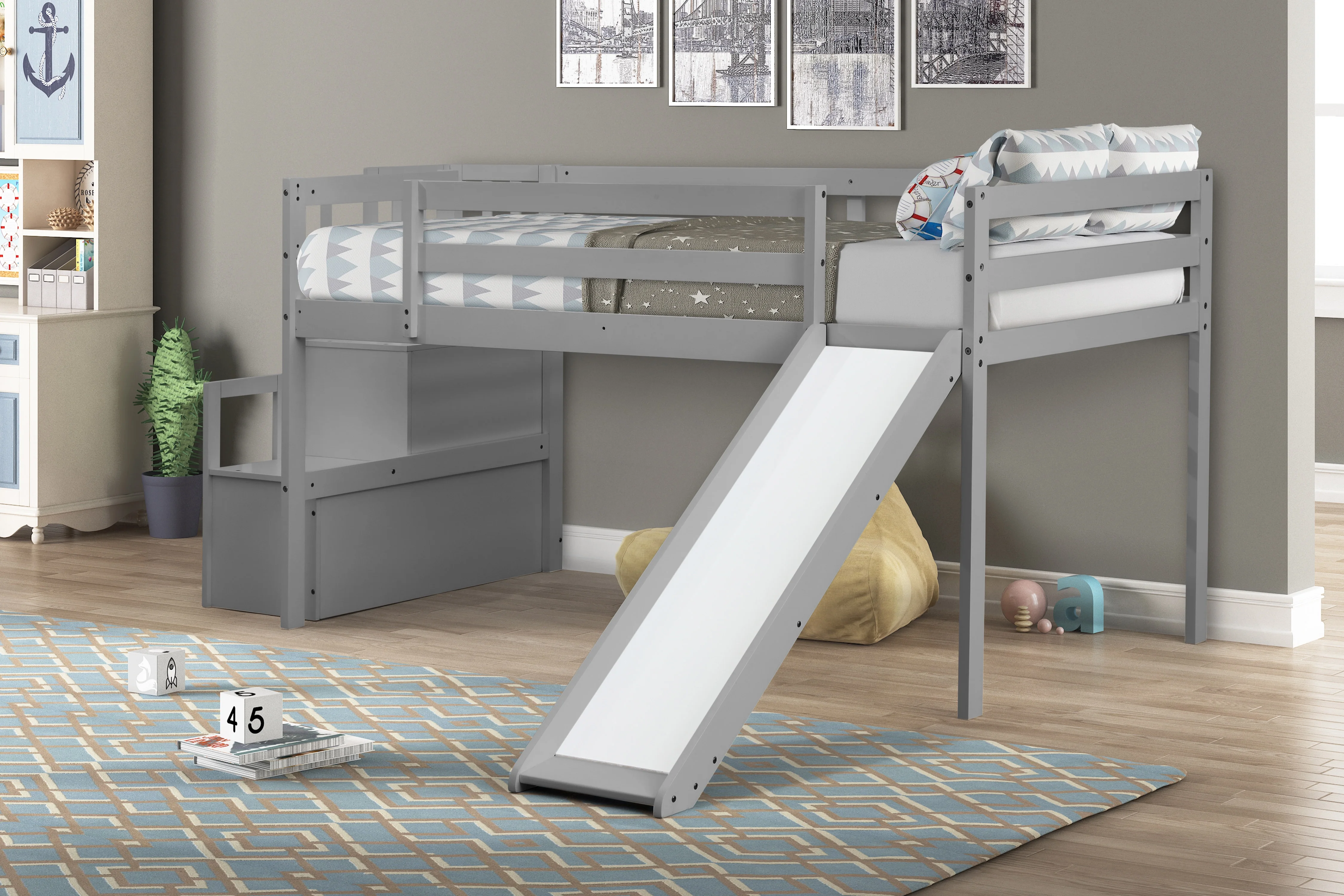 Versatile Loft Bed with Staircase, Storage, Slide - Twin Size, Full-Length Safety Guardrails, No Box Spring Needed - Easy Assembly-Gray