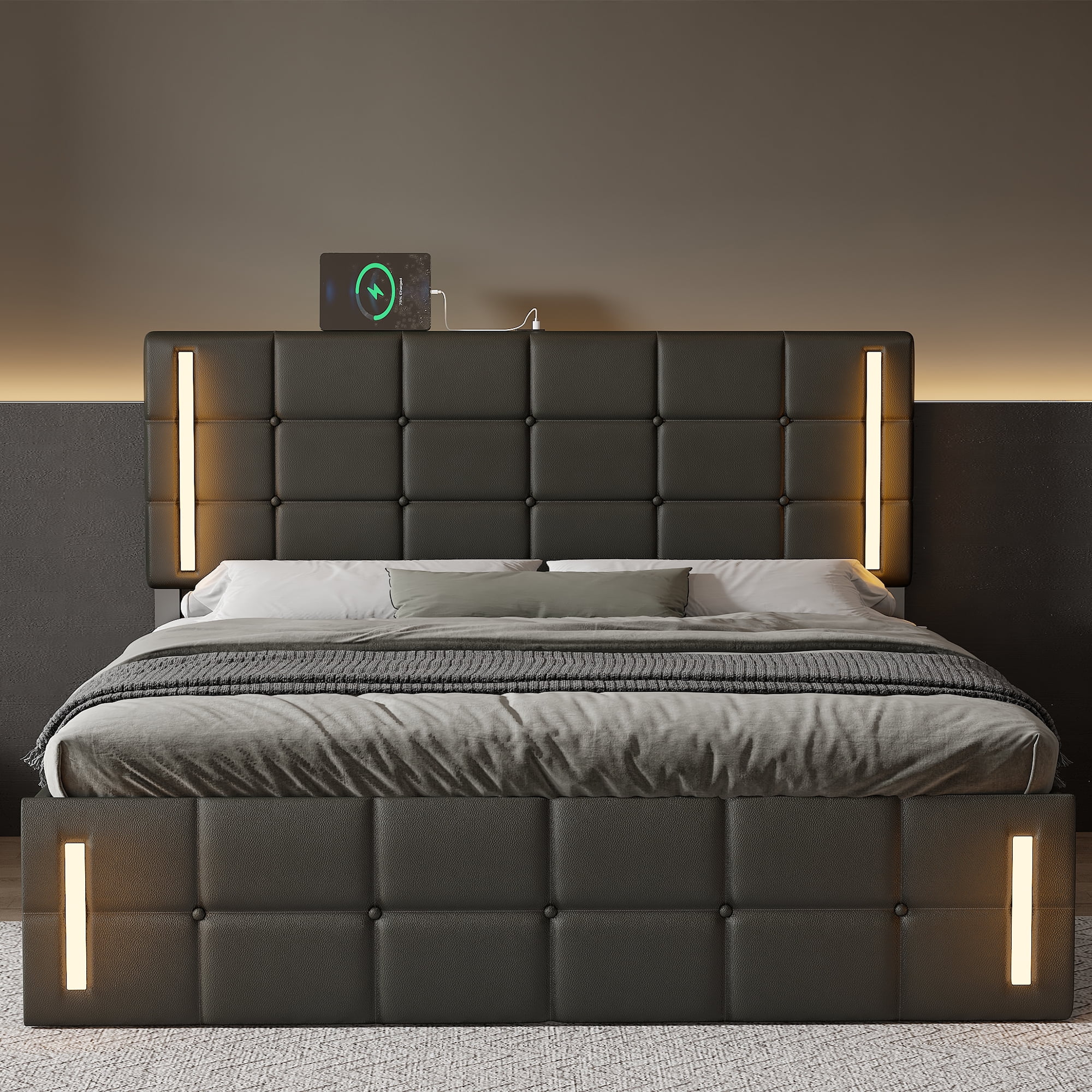CoSoTower Queen Size Upholstered Bed with LED Lights,Hydraulic Storage System and USB Charging Station,Black