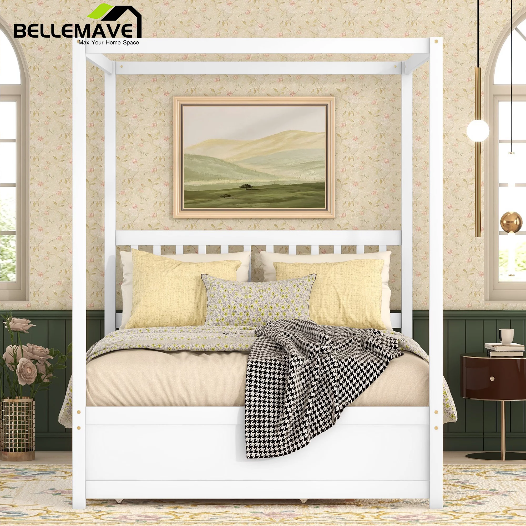 Bellemave Full Size Wood Canopy Bed Frame with Trundle Modern Full Platform bed with Headboard and Wooden Slats Sturdy Wood Four-poster Bed, No Box Spring Needed, White