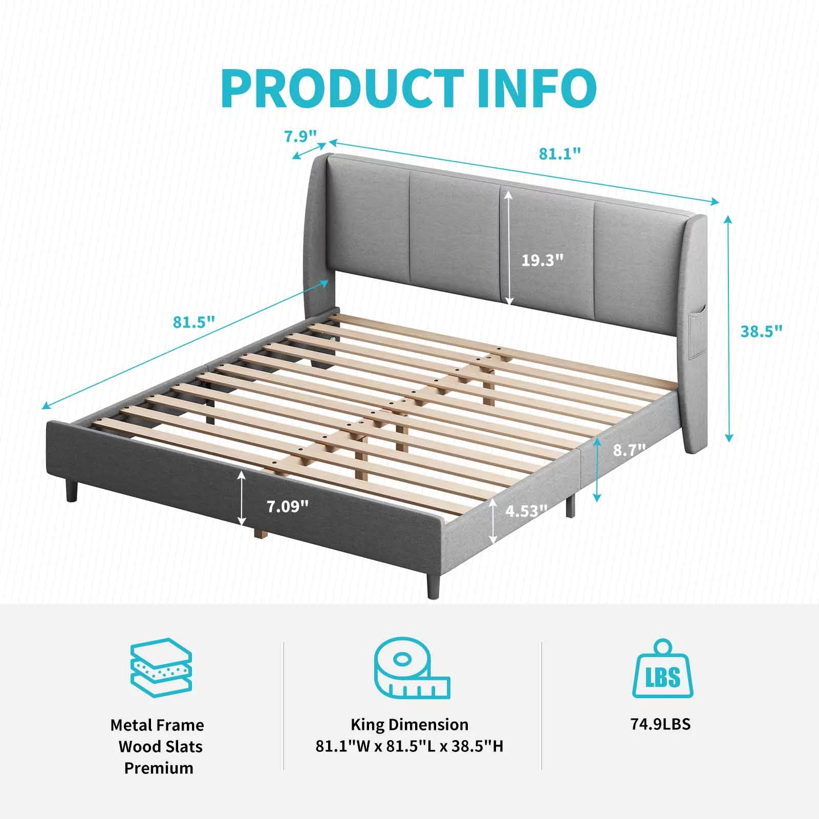 CECER King Bed Frame with Channel Tufted Headboard Design Side Wingbacks Storage Pockets Linen Upholstered Platform Bed Frame - Dark Grey