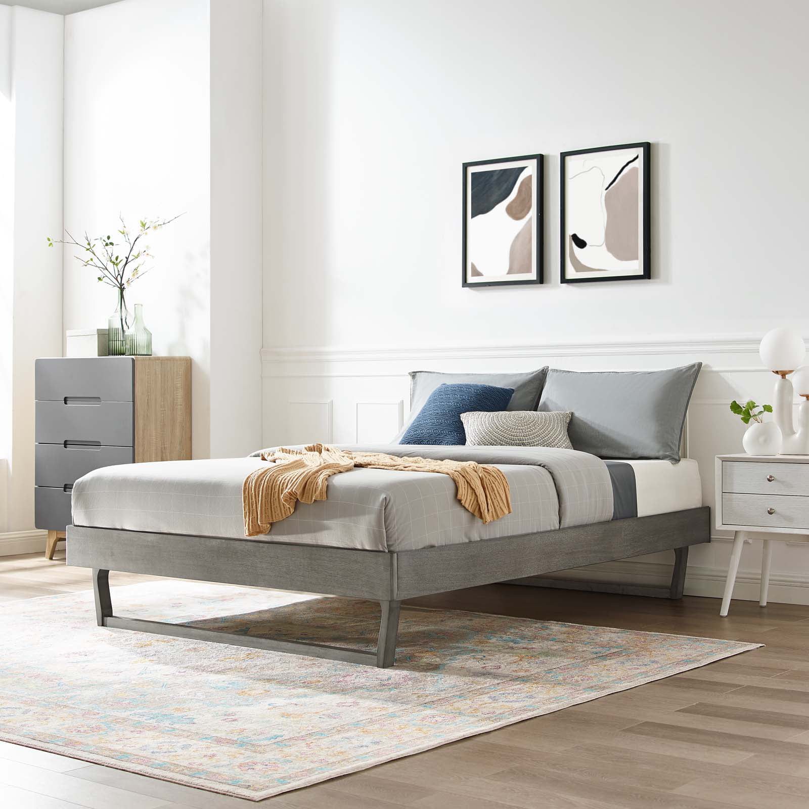 Platform Bed Frame, Full Size, Wood, Grey Gray, Modern Contemporary Urban Design, Bedroom Master Guest Suite