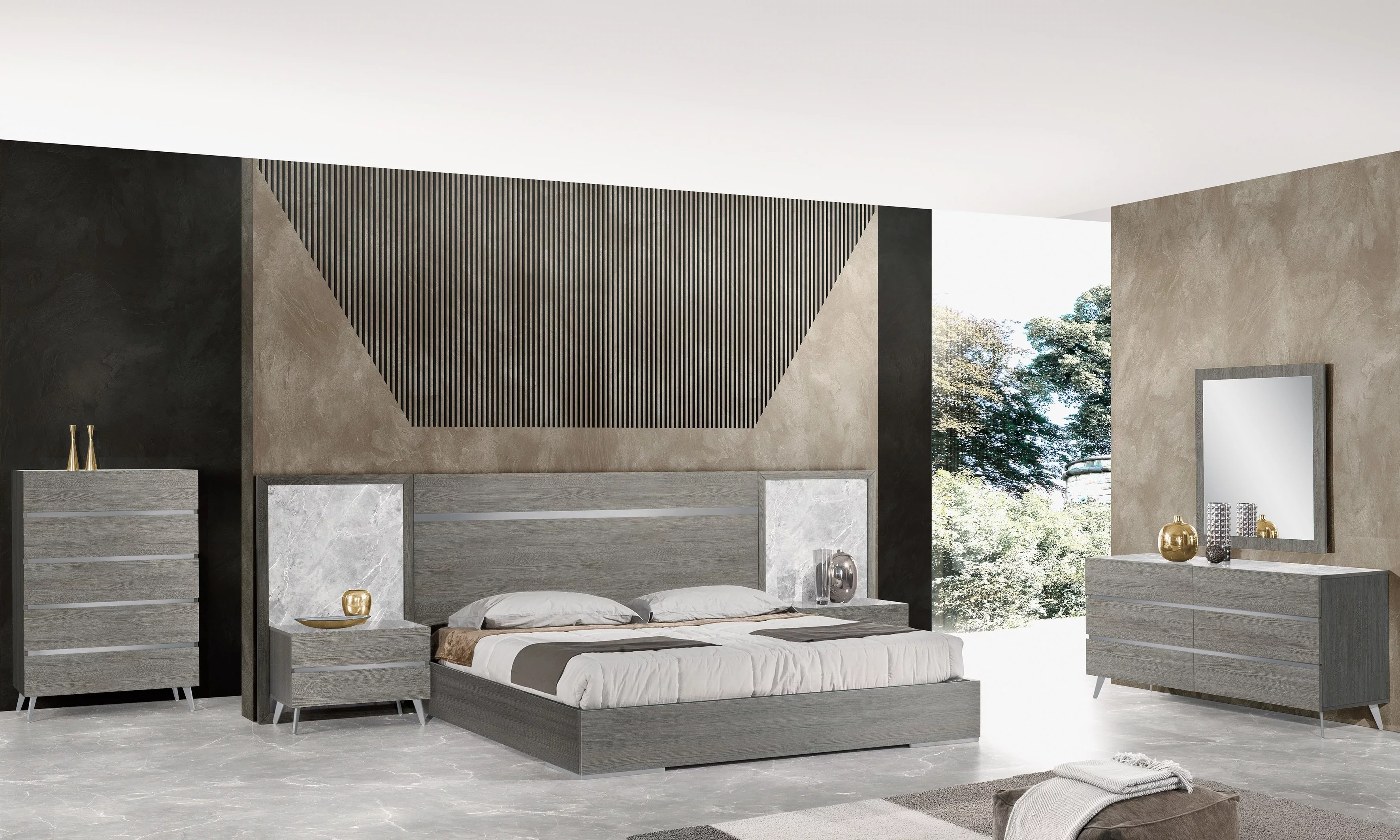 J&M Furniture Victoria Premium Bedroom with 6 piece queen bed, chest, dresser, mirror and 2 nightstand, queen bedroom set