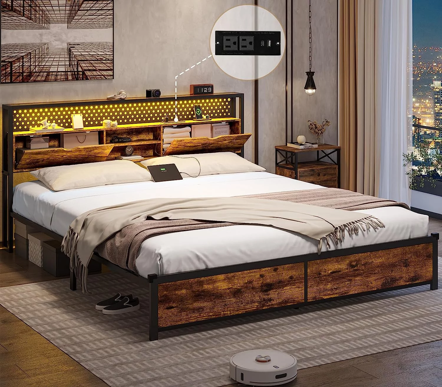 Queen Size LED Bed Frame with Type-C&USB Charging Station,Metal Platform Bed Frame with LED Lights Headboard,No Box Spring Needed,Rustic Brown