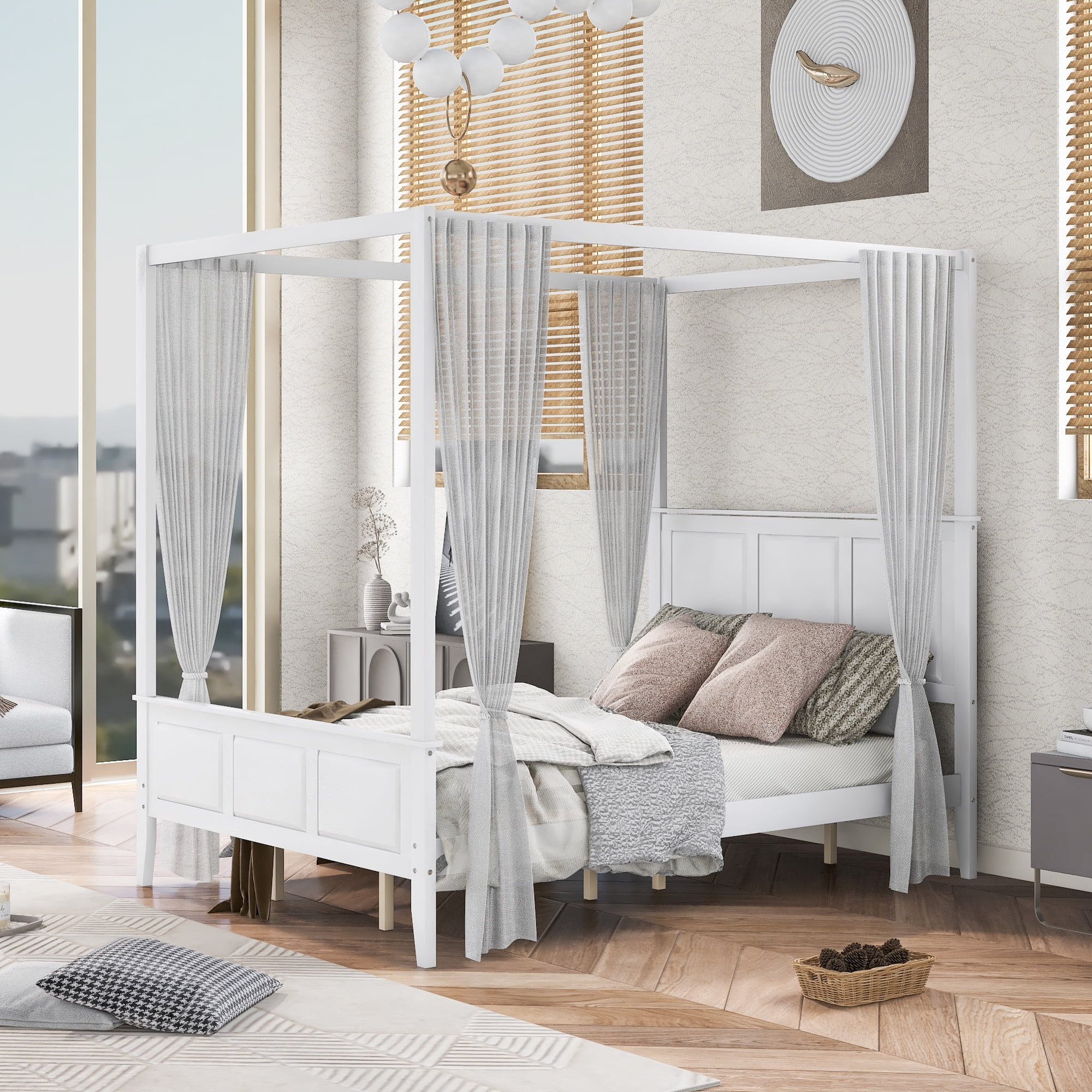 Euroco Queen Size Canopy Platform Bed with Four Slat Support Leg, White