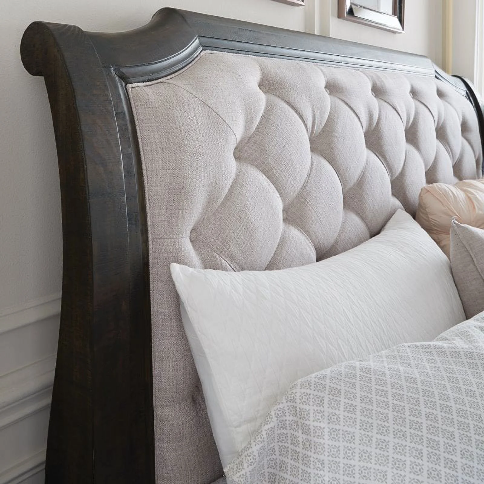 Bowery Hill Wood Peppercorn King Sleigh Headboard in White & Espresso