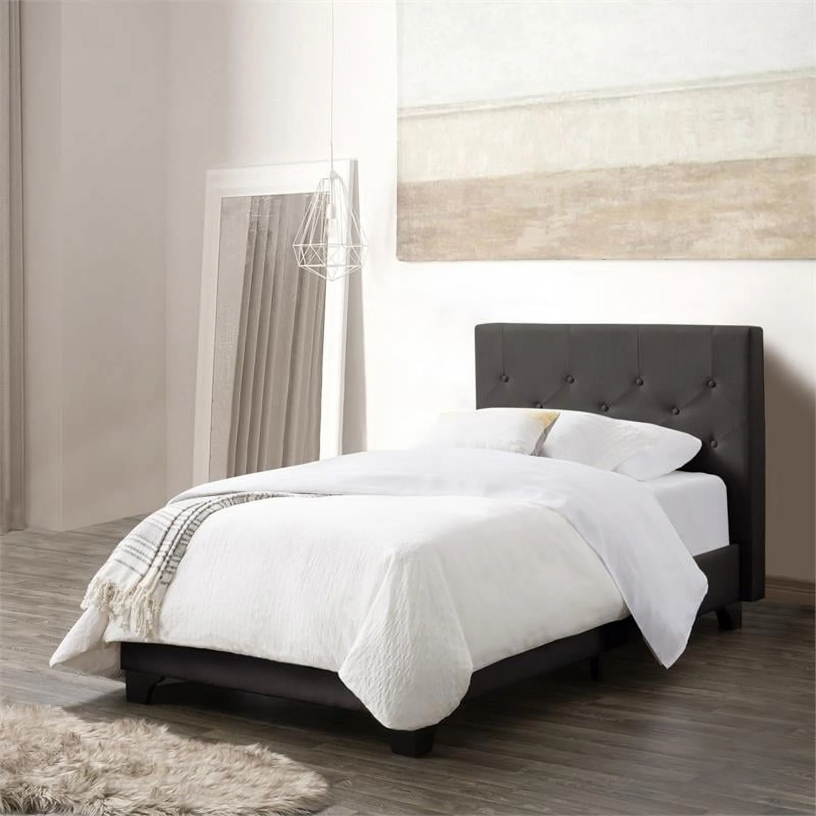 Atlin Designs Button-Tufted Headboard Fabric Twin/Single Bed Frame in Dark Gray