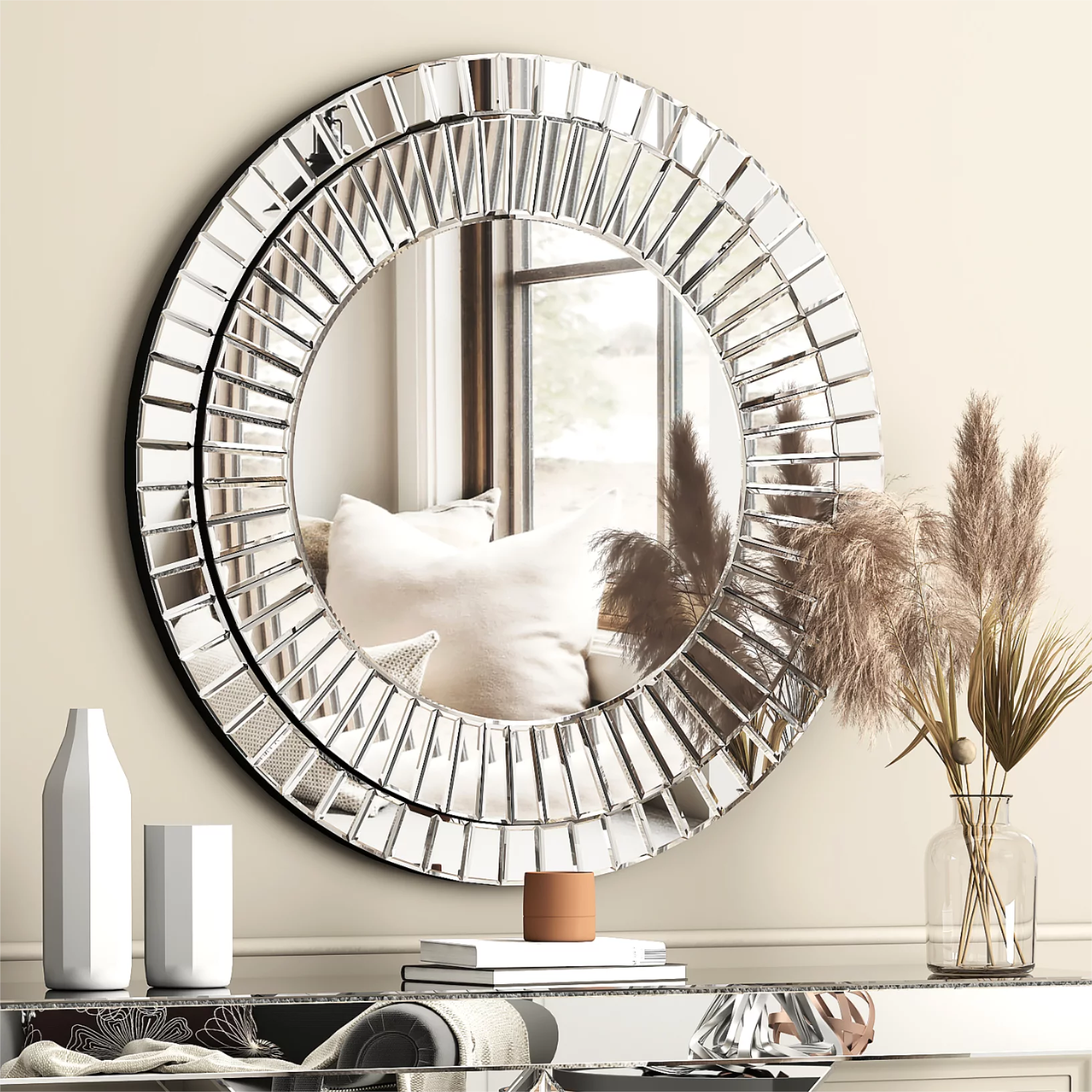 SHYFOY 31.5'' Round Wall Mirror Decorative for Living Room,Accent Wall Mirrors Glass Beveled Frame for Home Decoration