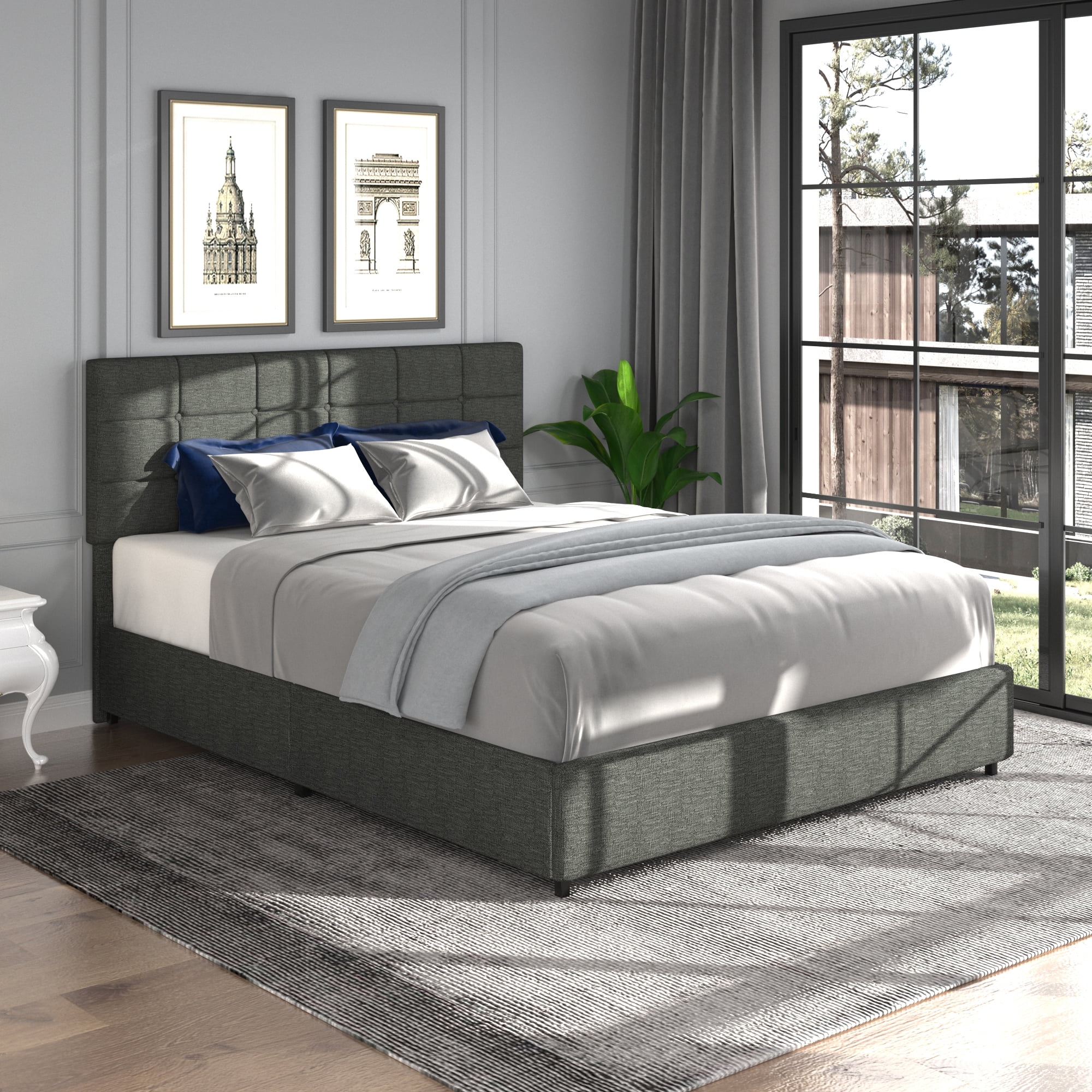 CoSoTower Queen Size Gray Linen Upholstered Platform Bed with Patented 4 Drawers Storage, Square Stitched Button Tufted Headboard, Wooden Slat Mattress Support No Box Spring Required