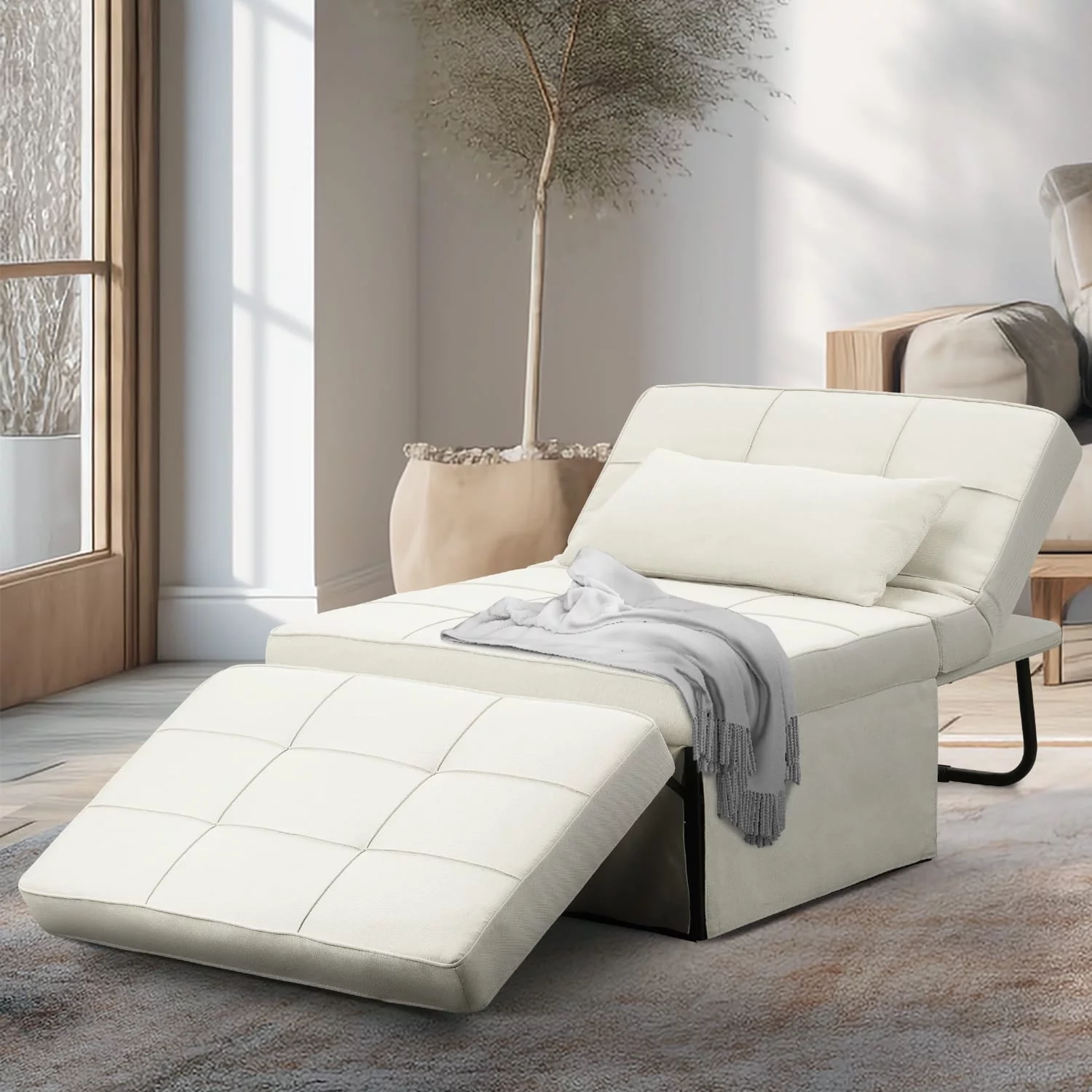 Ainfox Folding Sofa Bed, 4 in 1 Daybeds Ottoman Chair Lounge Couch for Guest Sleeper, Suitable for Modern Living Room, Bedroom, Twin Size(Beige)